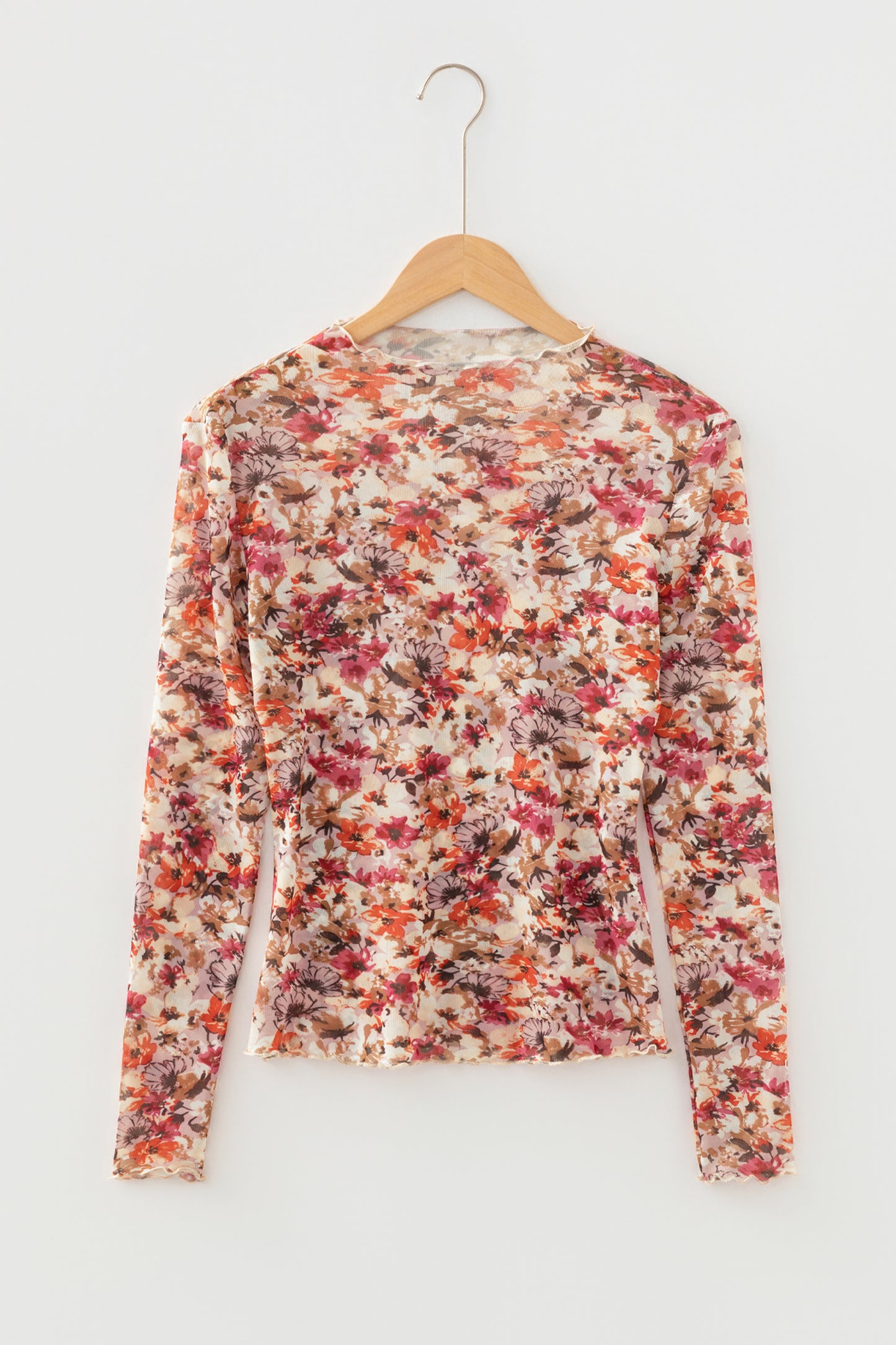 Red Lettuce Trim Floral Print Mesh Long Sleeve Top-Tops/Long Sleeve Tops-[Adult]-[Female]-2022 Online Blue Zone Planet