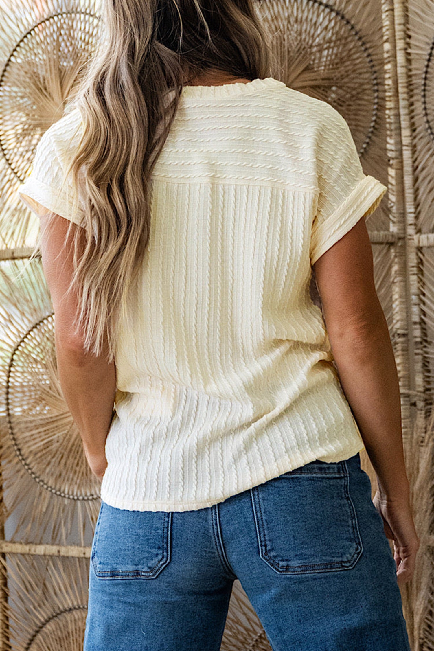 Beige Twisted Texture Knit V Neck T Shirt-Tops/Tops & Tees-[Adult]-[Female]-2022 Online Blue Zone Planet