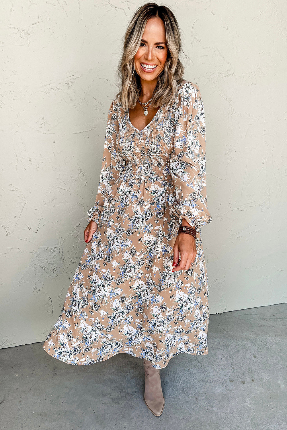 Khaki Floral Smocked Puff Sleeve Maxi Dress-Maxi Dresses-[Adult]-[Female]-2022 Online Blue Zone Planet