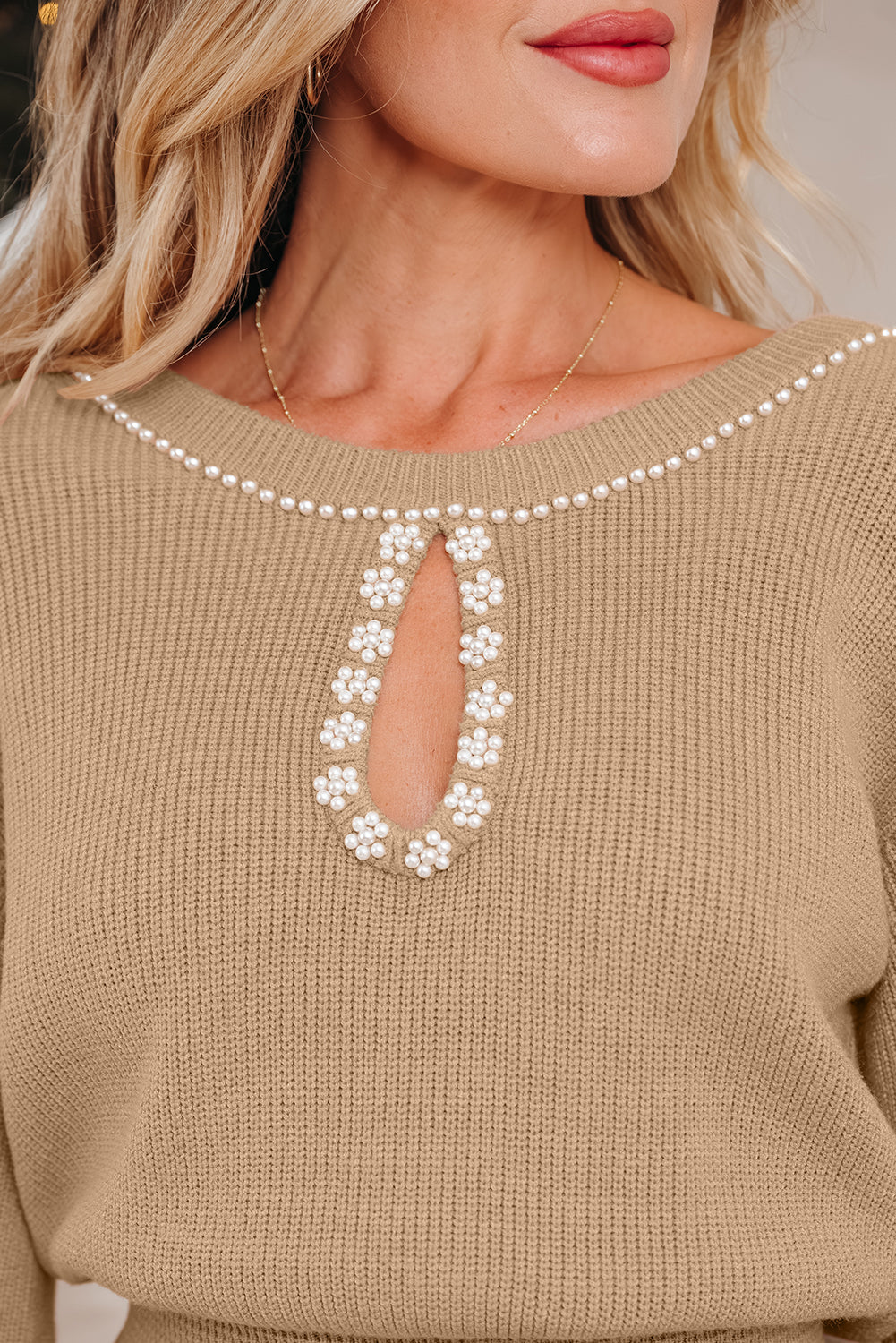 Smoke Gray Pearl Embellished Keyhole Ribbed Sweater Dress Smoke Gray / L / 52%Viscose+26%Polyester+22%Polyamide