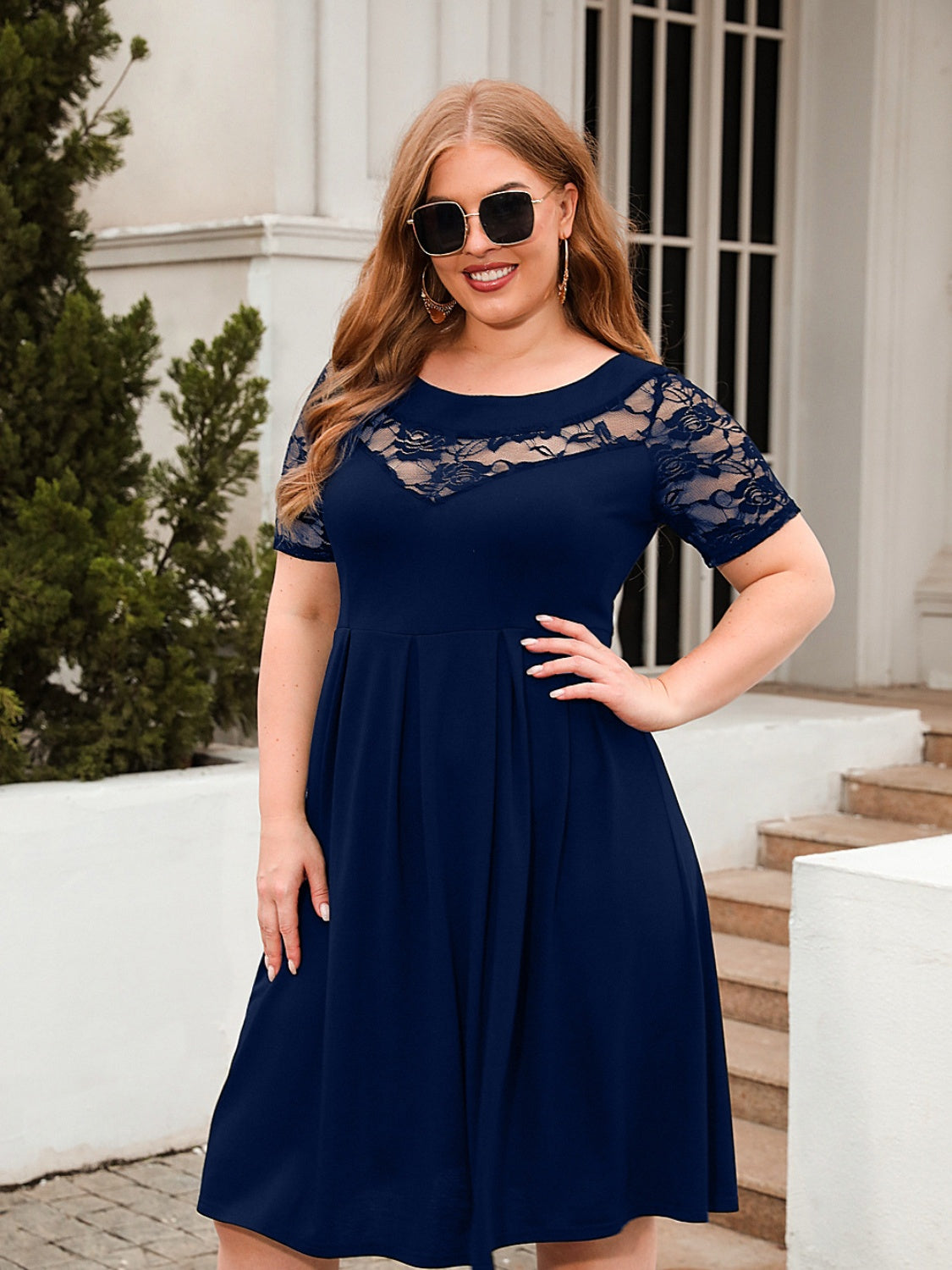 Plus Size Ruched Round Neck Short Sleeve Dress-TOPS / DRESSES-[Adult]-[Female]-2022 Online Blue Zone Planet