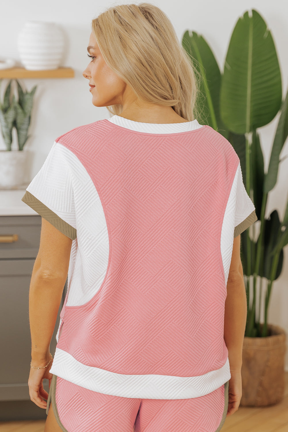 Pink Textured Colorblock Patchwork Tee Two Piece Shorts Set-Two Piece Sets/Short Sets-[Adult]-[Female]-2022 Online Blue Zone Planet