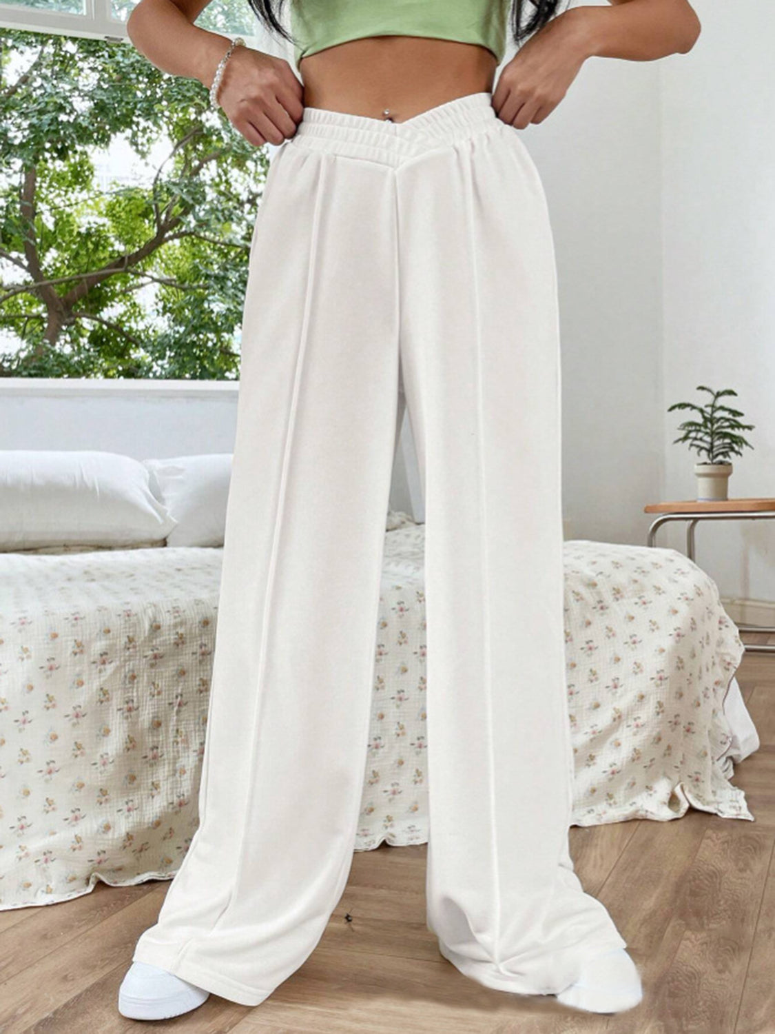 Blue Zone Planet | Elastic Waist Wide Leg Pants-BOTTOMS SIZES SMALL MEDIUM LARGE-[Adult]-[Female]-White-S-2022 Online Blue Zone Planet