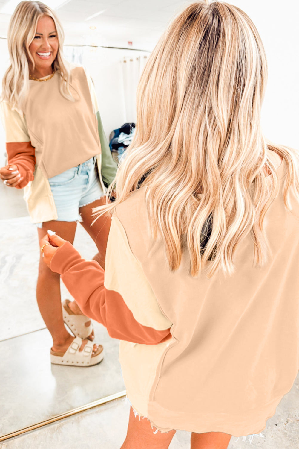 Beige Color Block Patchwork Split Hem Casual Sweatshirt-Tops/Sweatshirts & Hoodies-[Adult]-[Female]-2022 Online Blue Zone Planet