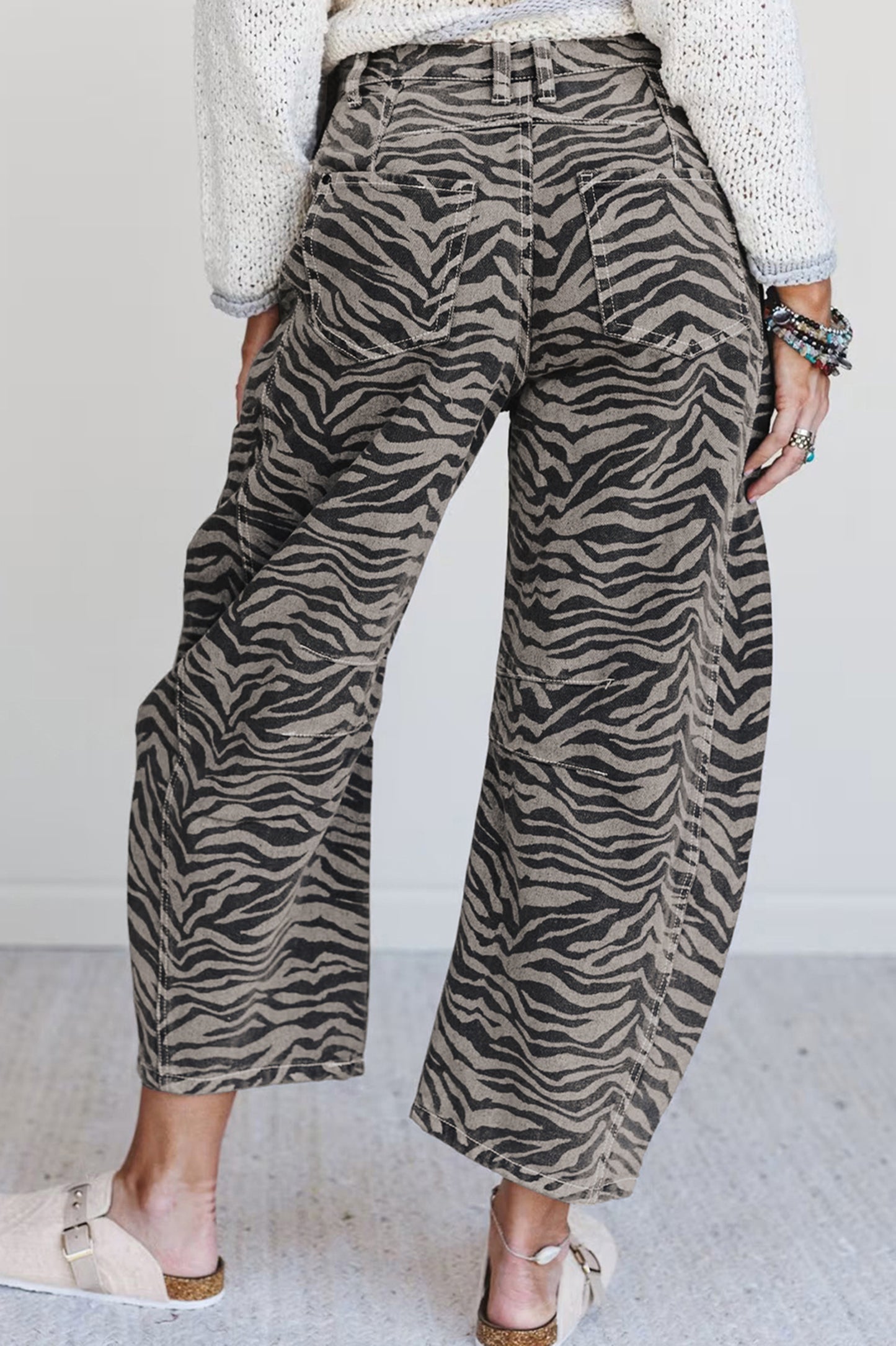Gray Zebra Stripe Printed Wide Leg Jeans-Bottoms/Jeans-[Adult]-[Female]-2022 Online Blue Zone Planet