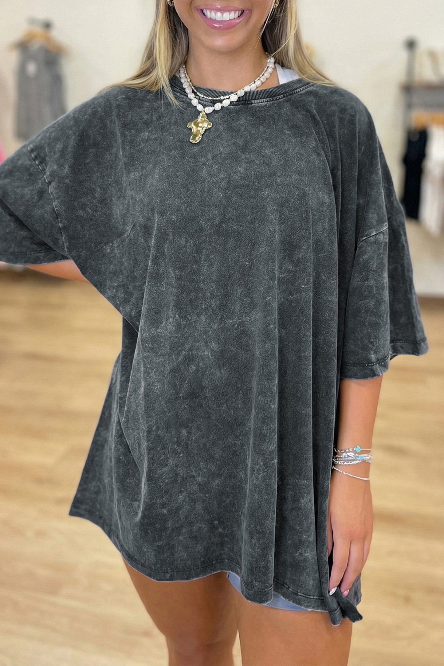 Mint Green Solid Color Cotton Mineral Washed Oversize Tee-Tops/Tops & Tees-[Adult]-[Female]-Dark Grey-S-2022 Online Blue Zone Planet