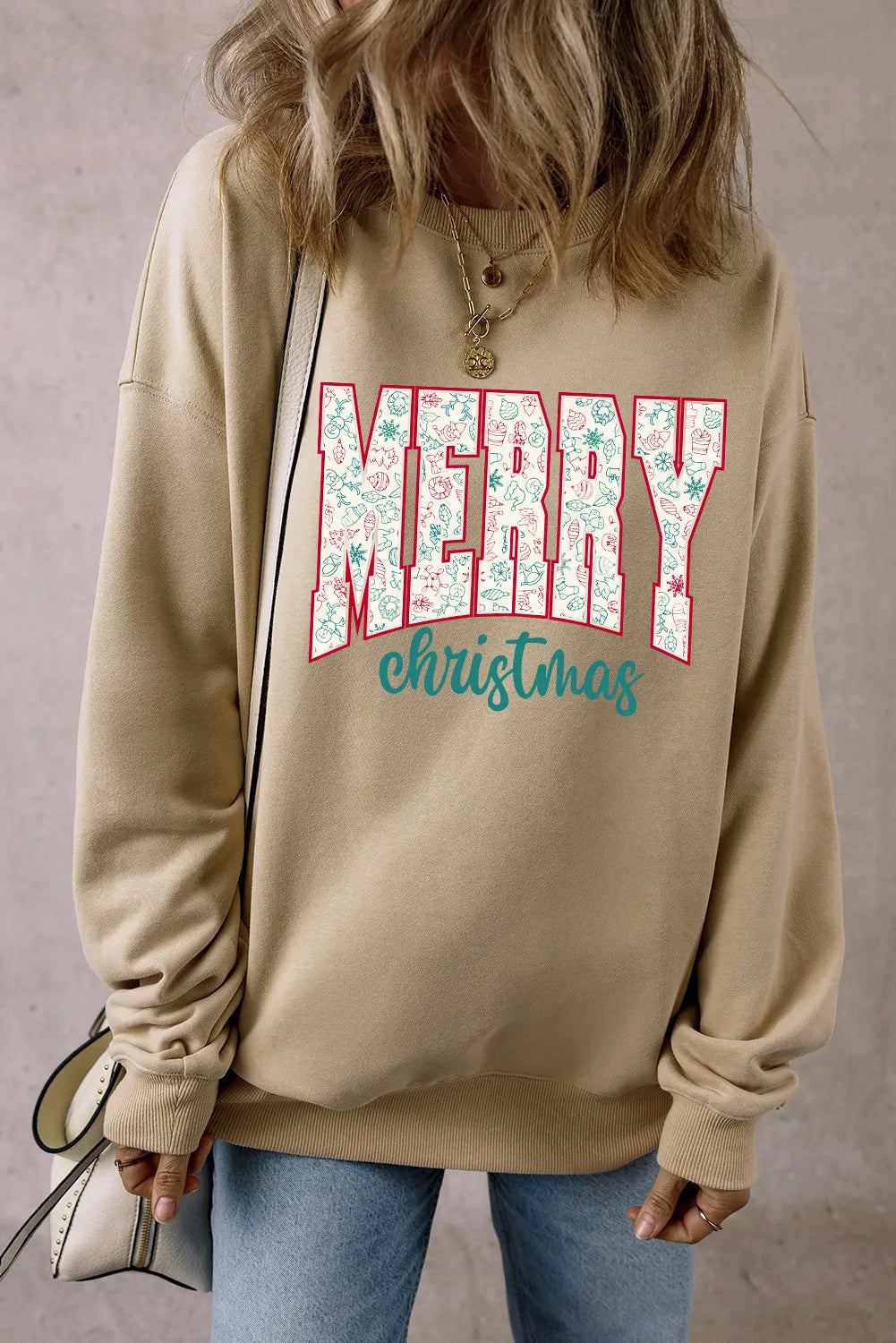 MERRY CHRISTMAS Round Neck Long Sleeve Sweatshirt-TOPS / DRESSES-[Adult]-[Female]-Khaki-S-2022 Online Blue Zone Planet