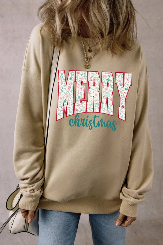 MERRY CHRISTMAS Round Neck Long Sleeve Sweatshirt-TOPS / DRESSES-[Adult]-[Female]-Khaki-S-2022 Online Blue Zone Planet