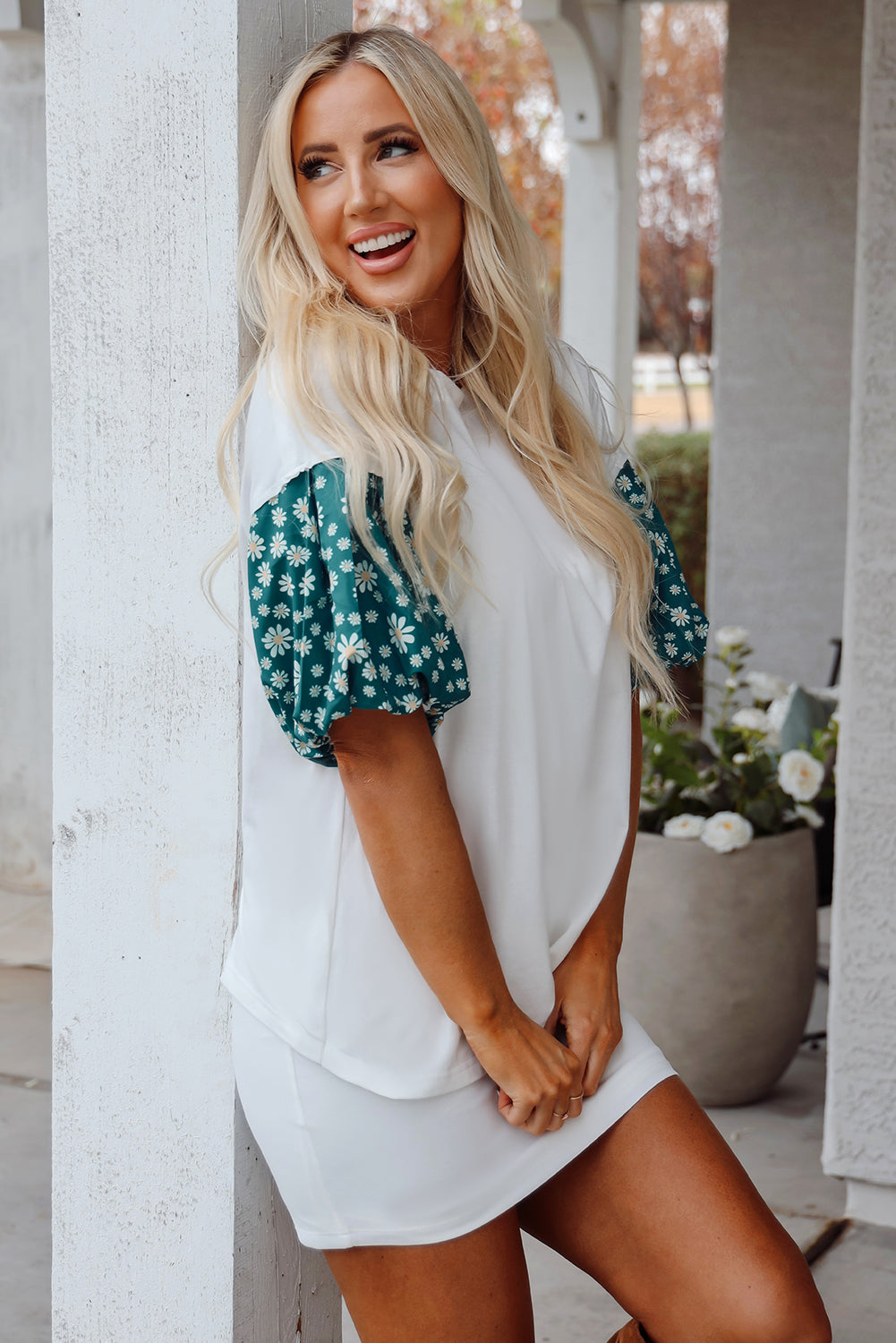White Contrast Floral Puff Sleeve Oversized Top-Tops/Tops & Tees-[Adult]-[Female]-2022 Online Blue Zone Planet