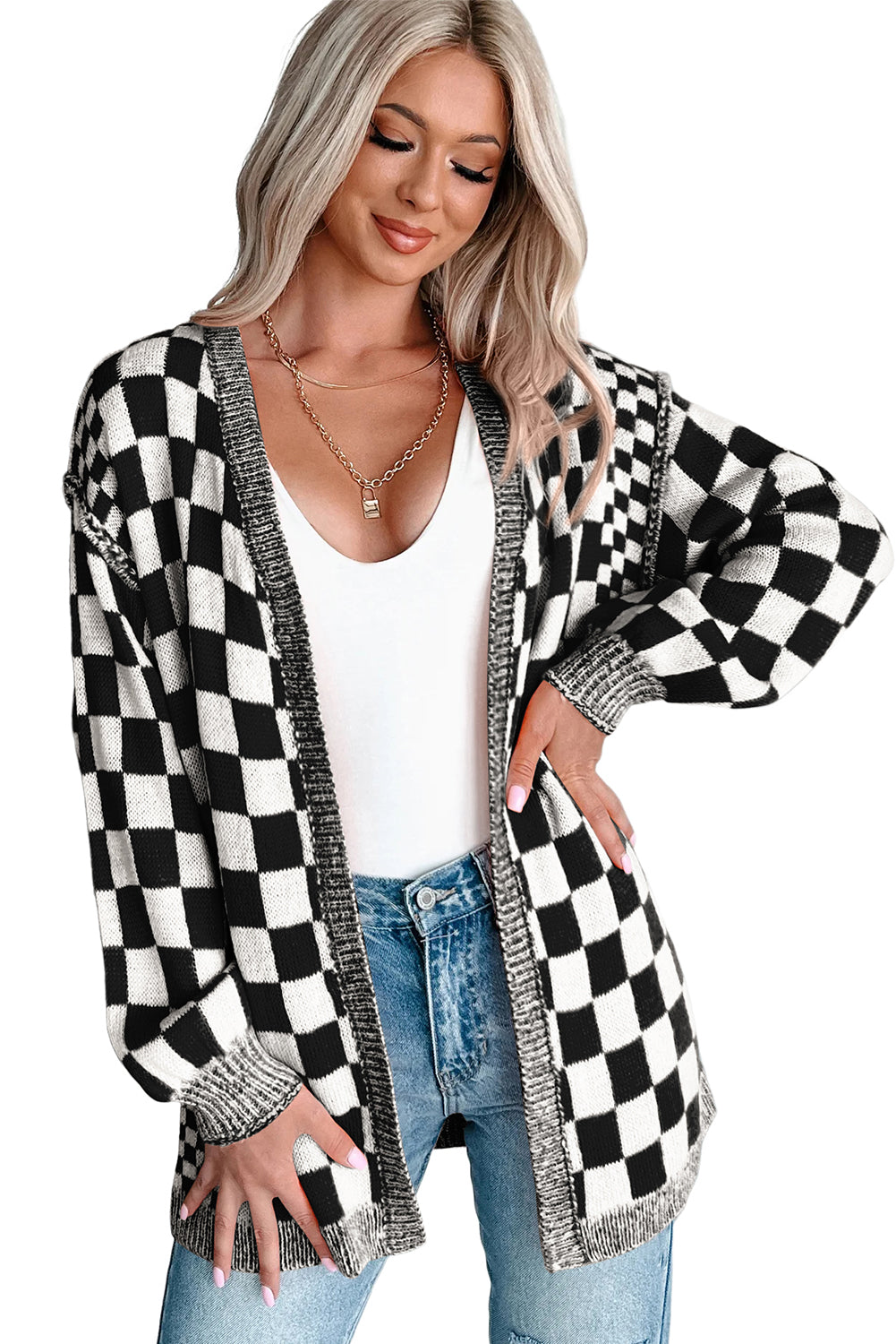 Black Checkered Open Front Drop Shoulder Cardigan-Sweaters & Cardigans/Cardigans-[Adult]-[Female]-2022 Online Blue Zone Planet