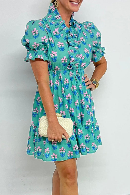 Green Floral Print Frilly Smocked High Waist Mini Dress-Short Dresses-[Adult]-[Female]-Green-L-2022 Online Blue Zone Planet