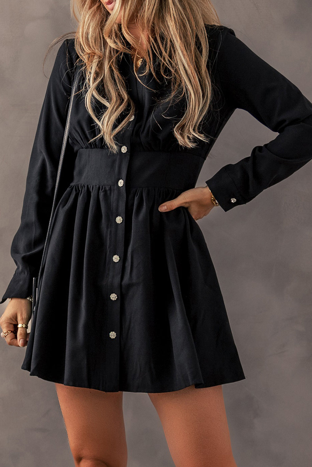 Blue Zone Planet | Black Elastic Cinched High Waist Long Sleeve Shirt Mini Dress-TOPS / DRESSES-[Adult]-[Female]-2022 Online Blue Zone Planet