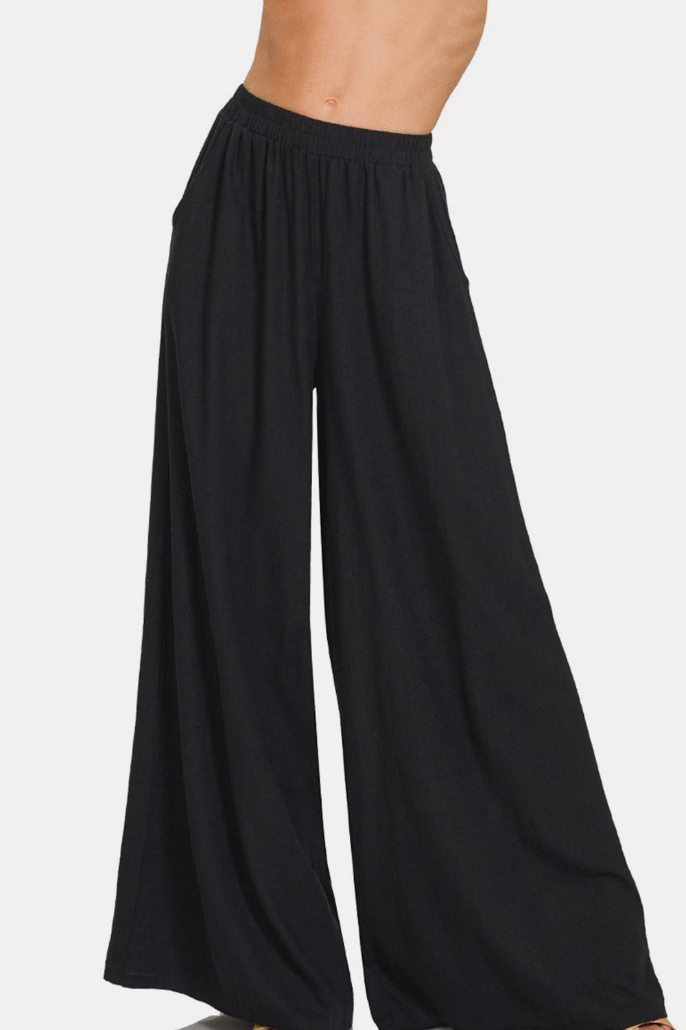 Zenana Pleated Linen Blend Wide Leg Pants-BOTTOMS SIZES SMALL MEDIUM LARGE-[Adult]-[Female]-Black-S-2022 Online Blue Zone Planet