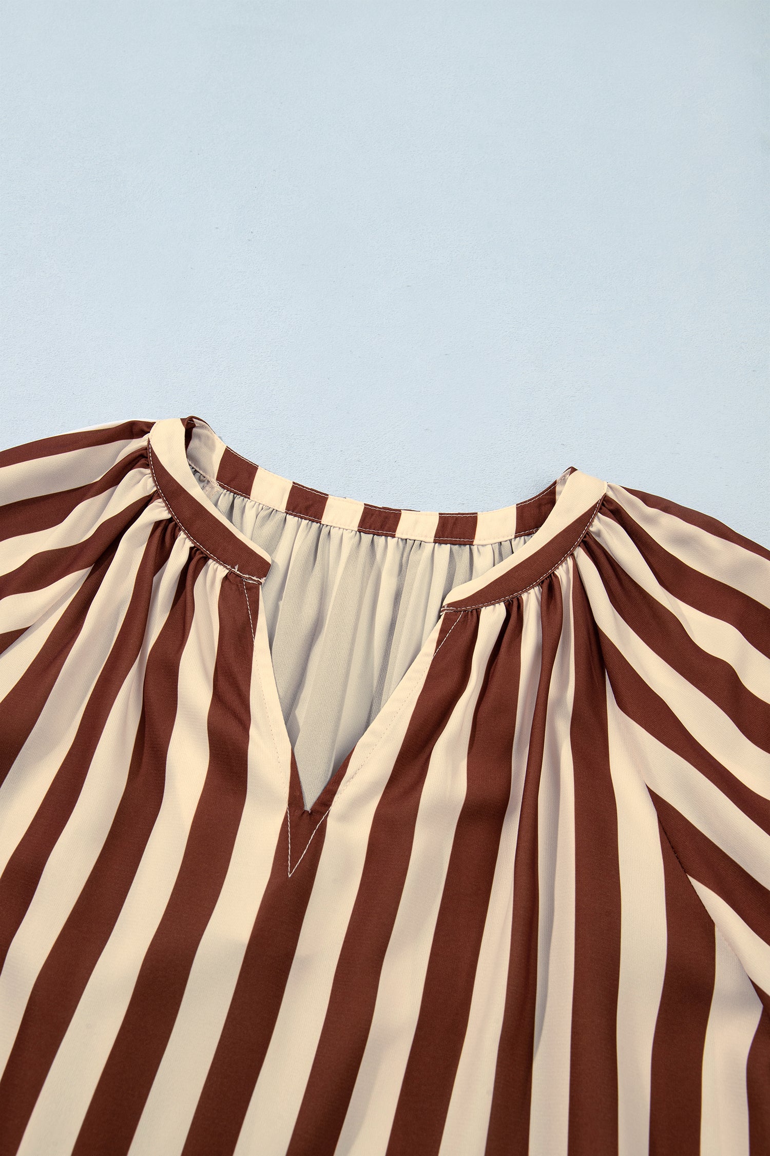Brown Stripe V Neck Half Sleeve Casual Blouse-Tops/Blouses & Shirts-[Adult]-[Female]-2022 Online Blue Zone Planet