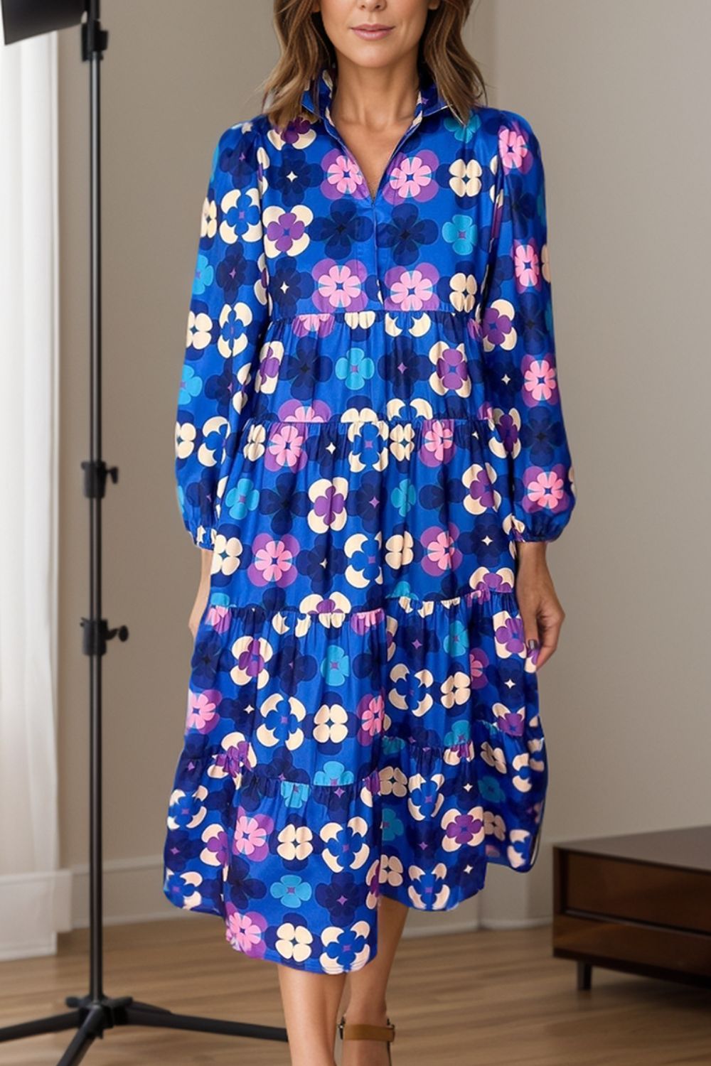 Printed Collared Neck Long Sleeve Midi Dress-TOPS / DRESSES-[Adult]-[Female]-Navy-S-2022 Online Blue Zone Planet