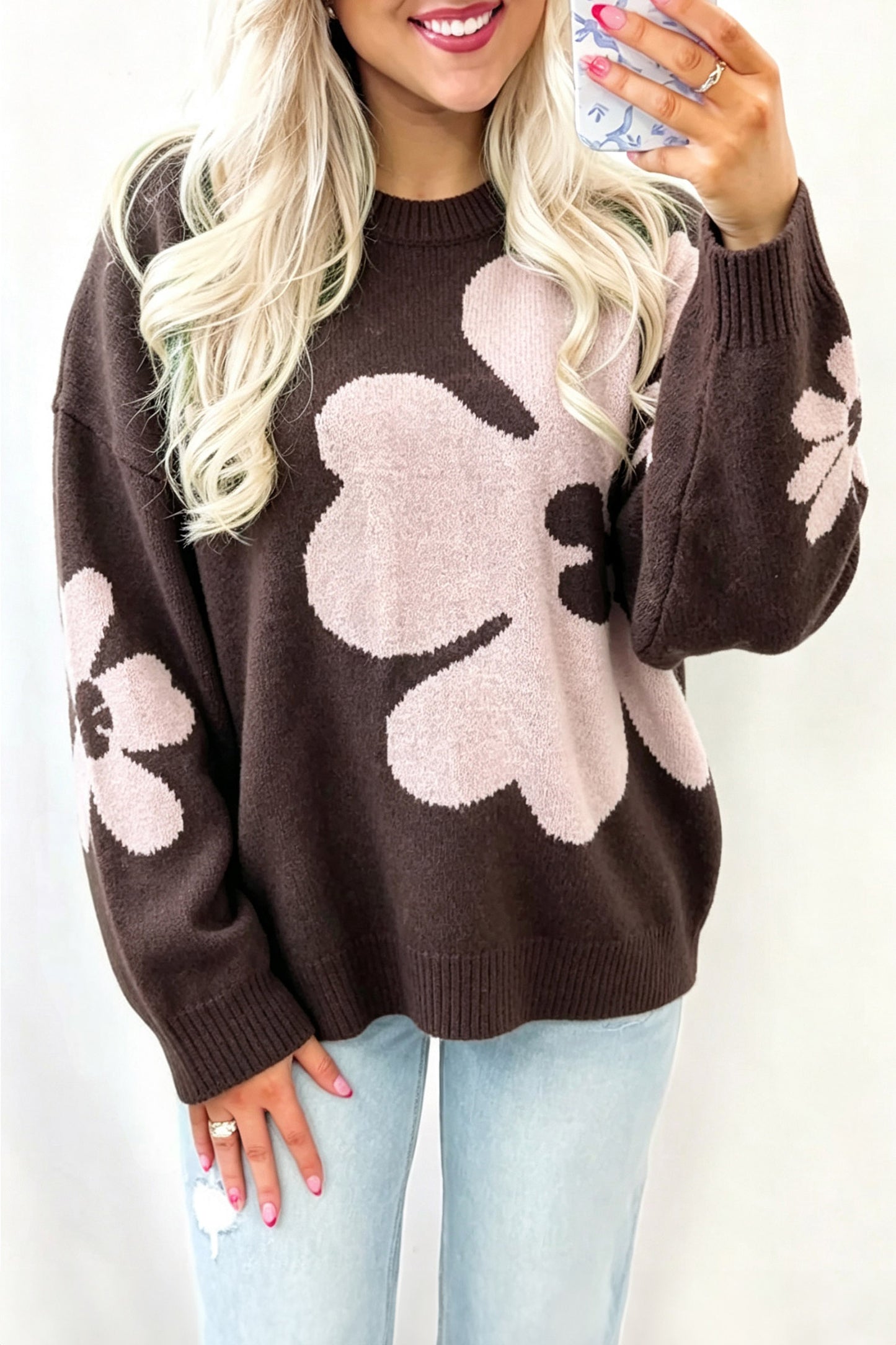 Chicory Coffee Cozy Floral Print Round Neck Dropped Shoulder Casual Sweater
