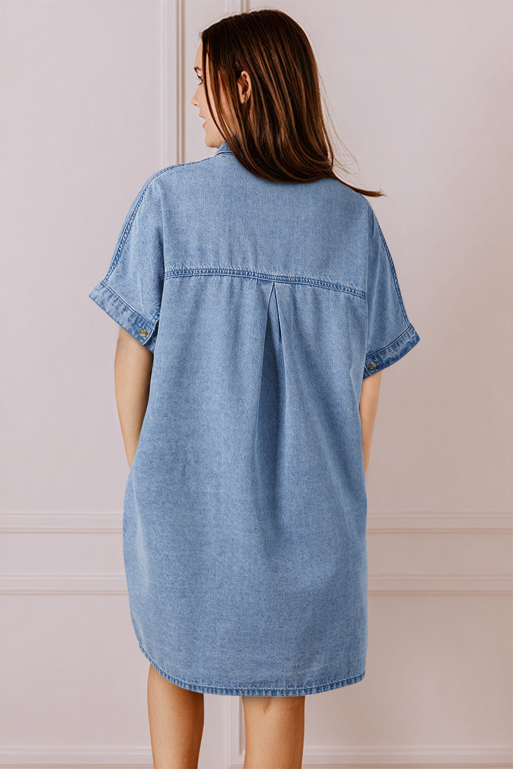 Dusk Blue Short Sleeve Pocketed Button up Denim Tunic Dress-Dresses/Mini Dresses-[Adult]-[Female]-2022 Online Blue Zone Planet