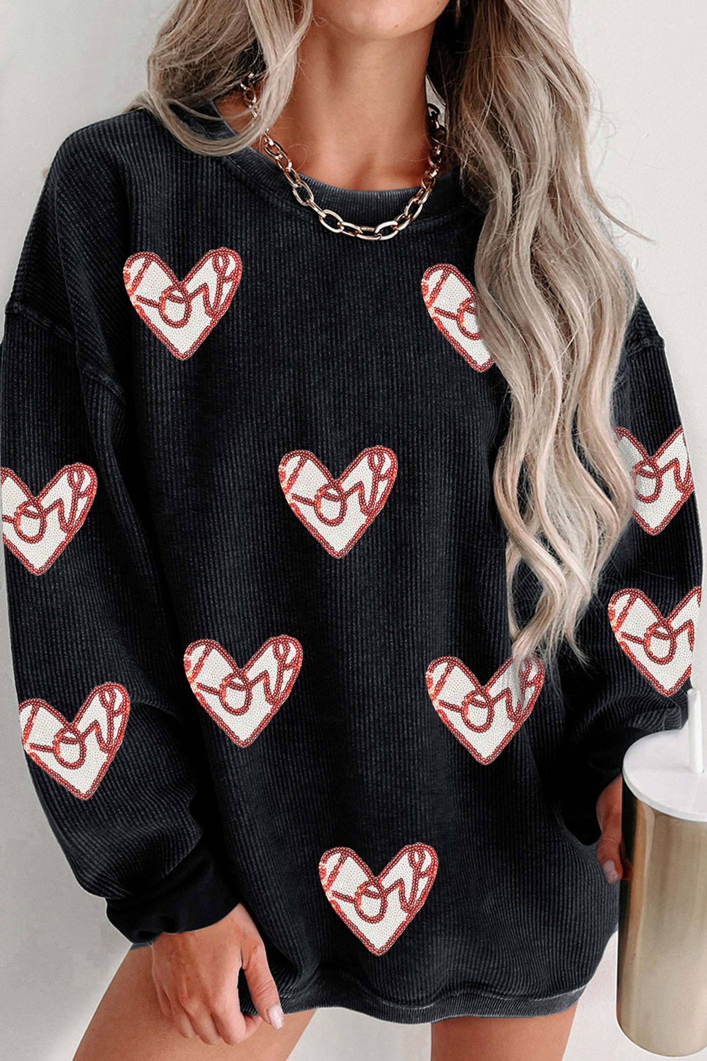 Black Corded Ribbed Love Heart Sequin Patched Graphic Sweatshirt-Graphic Sweatshirts-[Adult]-[Female]-Black-2XL-2022 Online Blue Zone Planet
