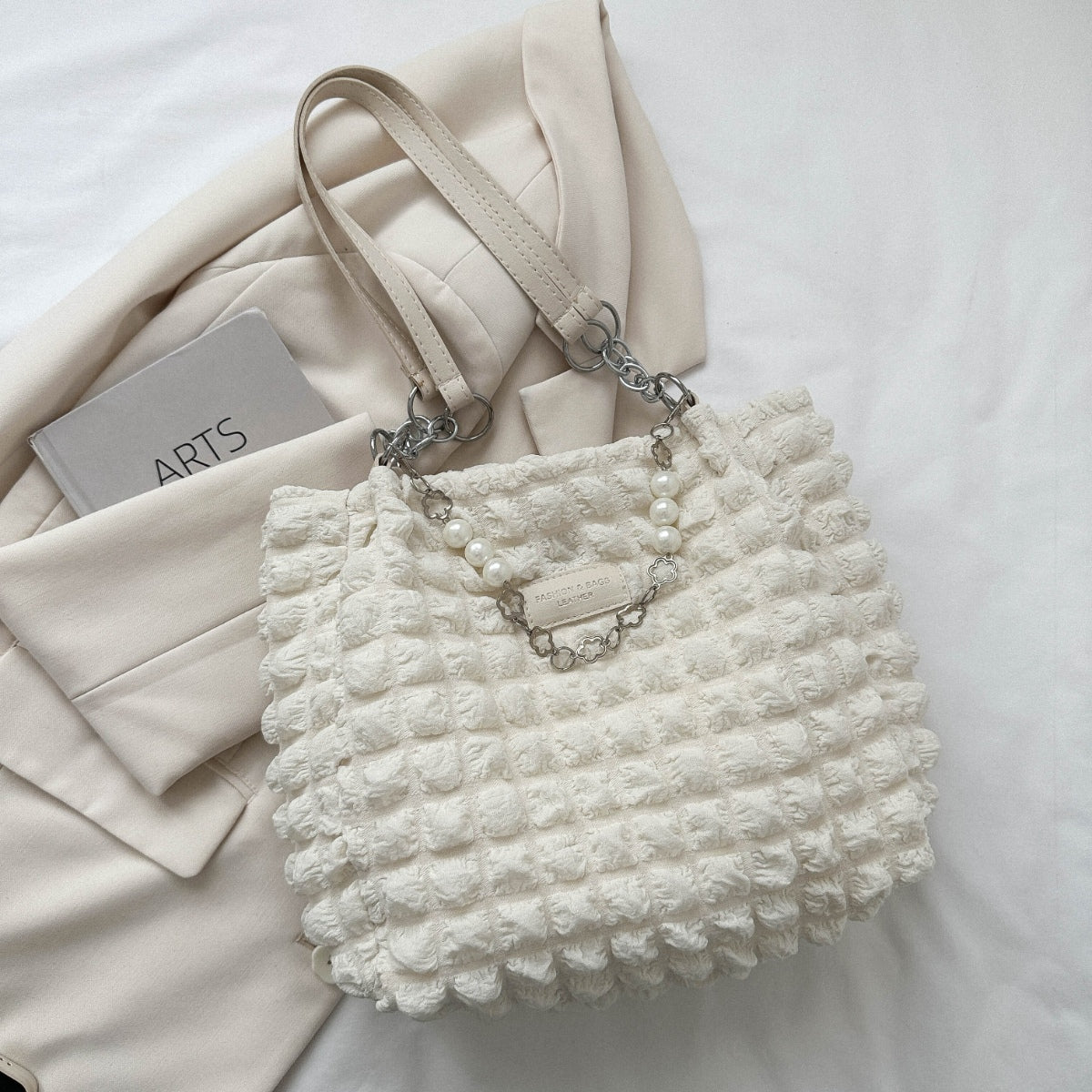 Bubble Textured Tote Bag-HANDBAGS-[Adult]-[Female]-Ivory-One Size-2022 Online Blue Zone Planet