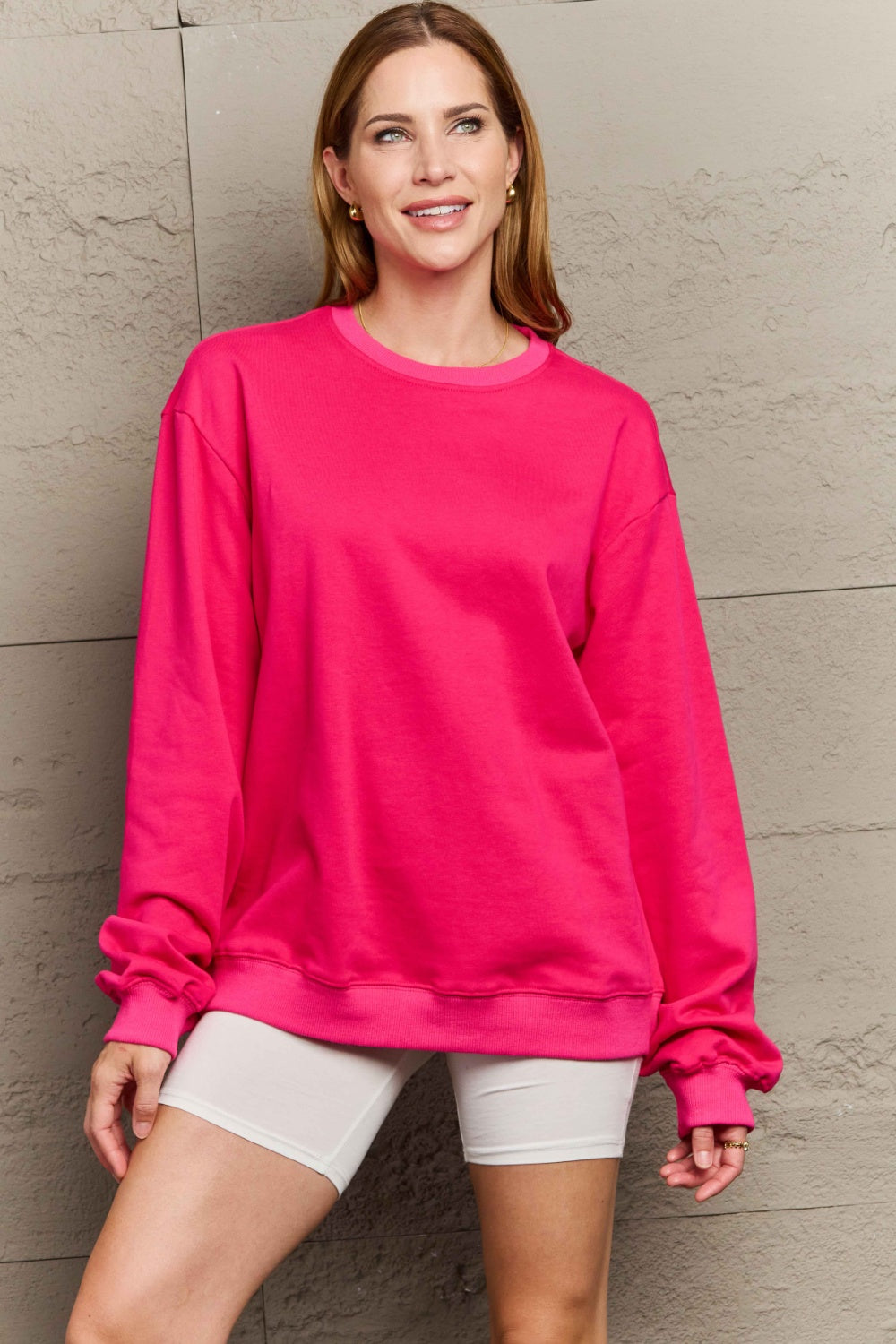 Full Size Round Neck Long Sleeve Sweatshirt-TOPS / DRESSES-[Adult]-[Female]-Deep Rose-S-2022 Online Blue Zone Planet