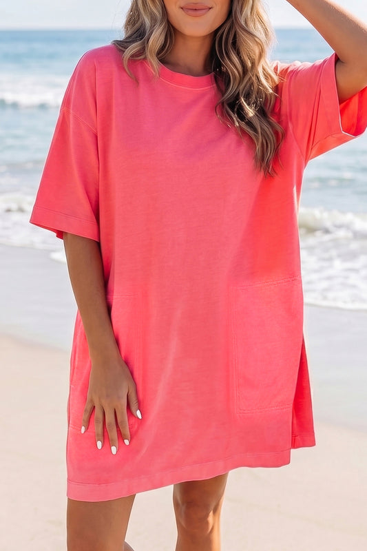 Coral Paradise Drop Shoulder Loose Casual T Shirt Mini Dress-TOPS / DRESSES-[Adult]-[Female]-Coral Paradise-S-2022 Online Blue Zone Planet