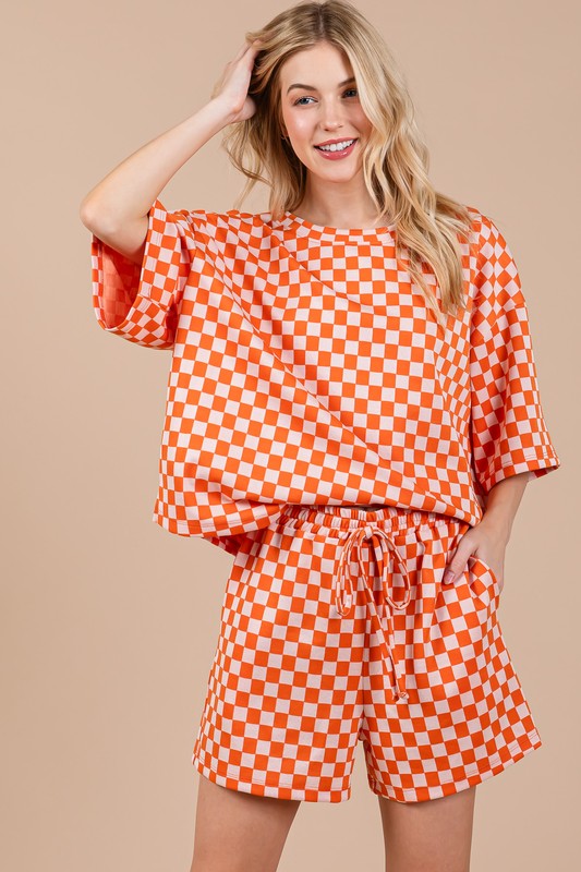 Ces Femme Checkered Round Neck Top and Shorts Set-TOPS / DRESSES-[Adult]-[Female]-Orange-S-2022 Online Blue Zone Planet