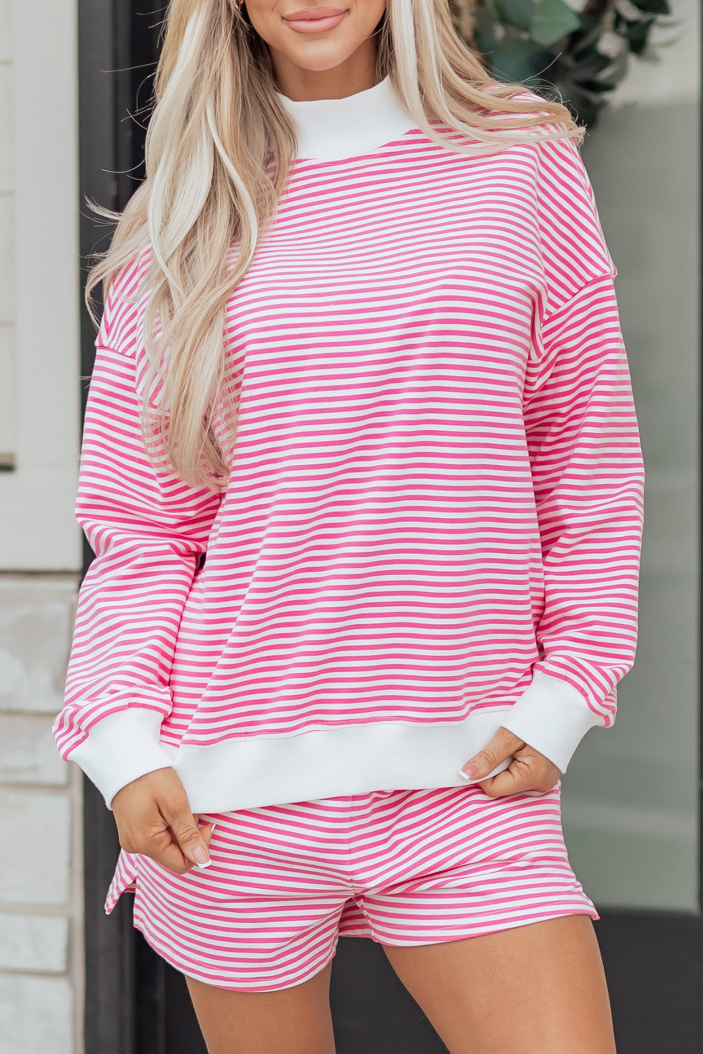 Pink Stripe Oversize Mock Neck Sweatshirt and Shorts Set-Two Piece Sets/Short Sets-[Adult]-[Female]-2022 Online Blue Zone Planet