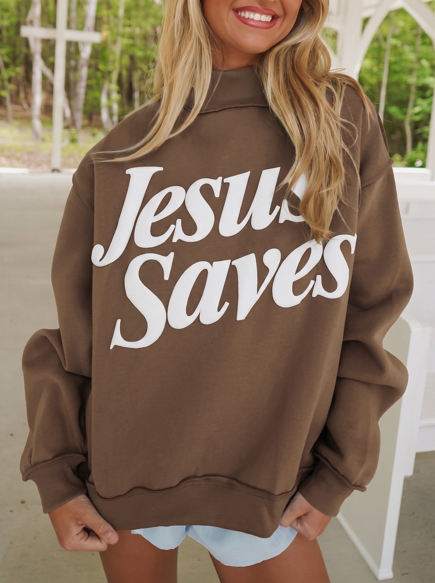 Fiery Red Jesus Saves Slogan Print Stand Neck Baggy Sweatshirt-Tops/Sweatshirts & Hoodies-[Adult]-[Female]-Dark Brown-S-2022 Online Blue Zone Planet
