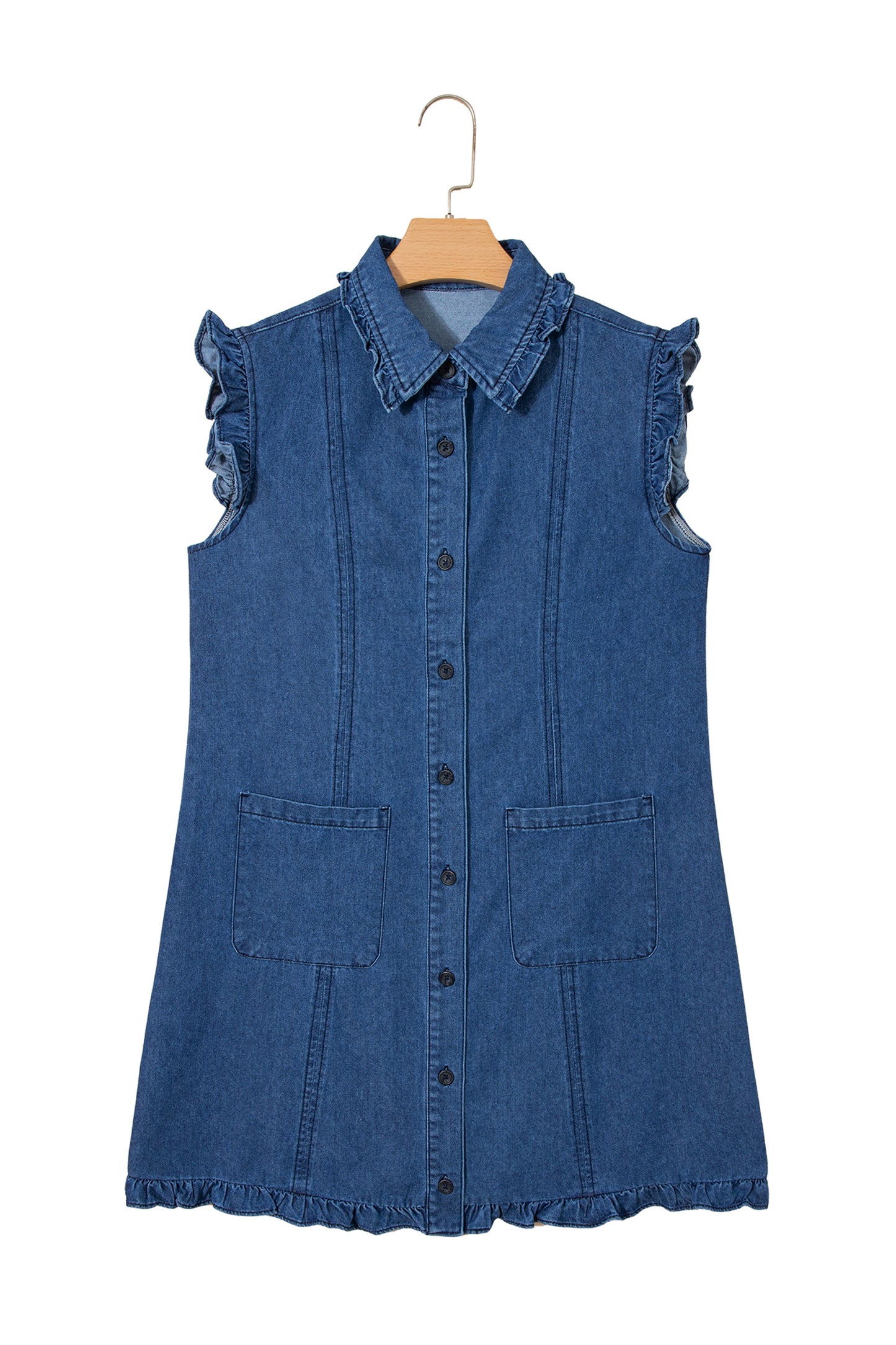 Sail Blue Ruffled Edge Collared Shift Denim Dress with Pockets-TOPS / DRESSES-[Adult]-[Female]-2022 Online Blue Zone Planet
