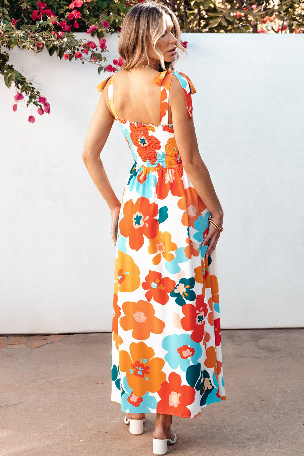 Orange Floral Self Tied Straps Smocked Bust Maxi Dress-Dresses/Floral Dresses-[Adult]-[Female]-2022 Online Blue Zone Planet