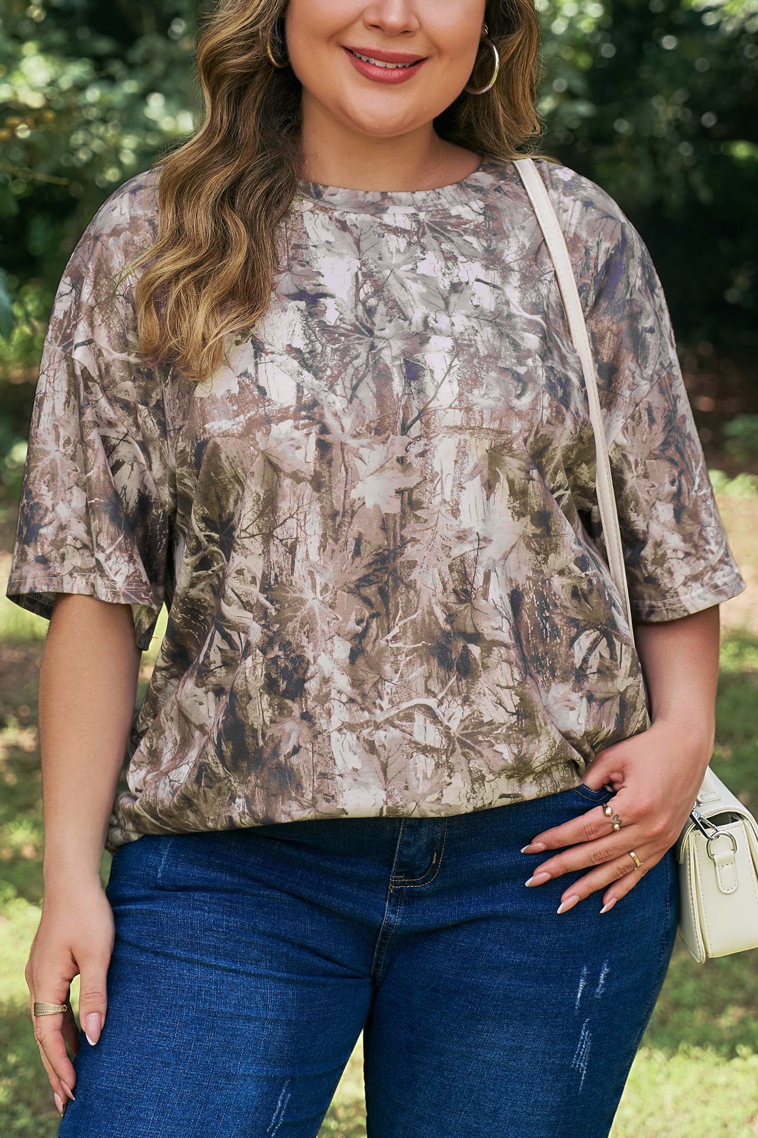 Khaki Plus Size Woodland Camouflage Print T Shirt-Plus Size/Plus Size Tops/Plus Size Tops & Tees-[Adult]-[Female]-2022 Online Blue Zone Planet