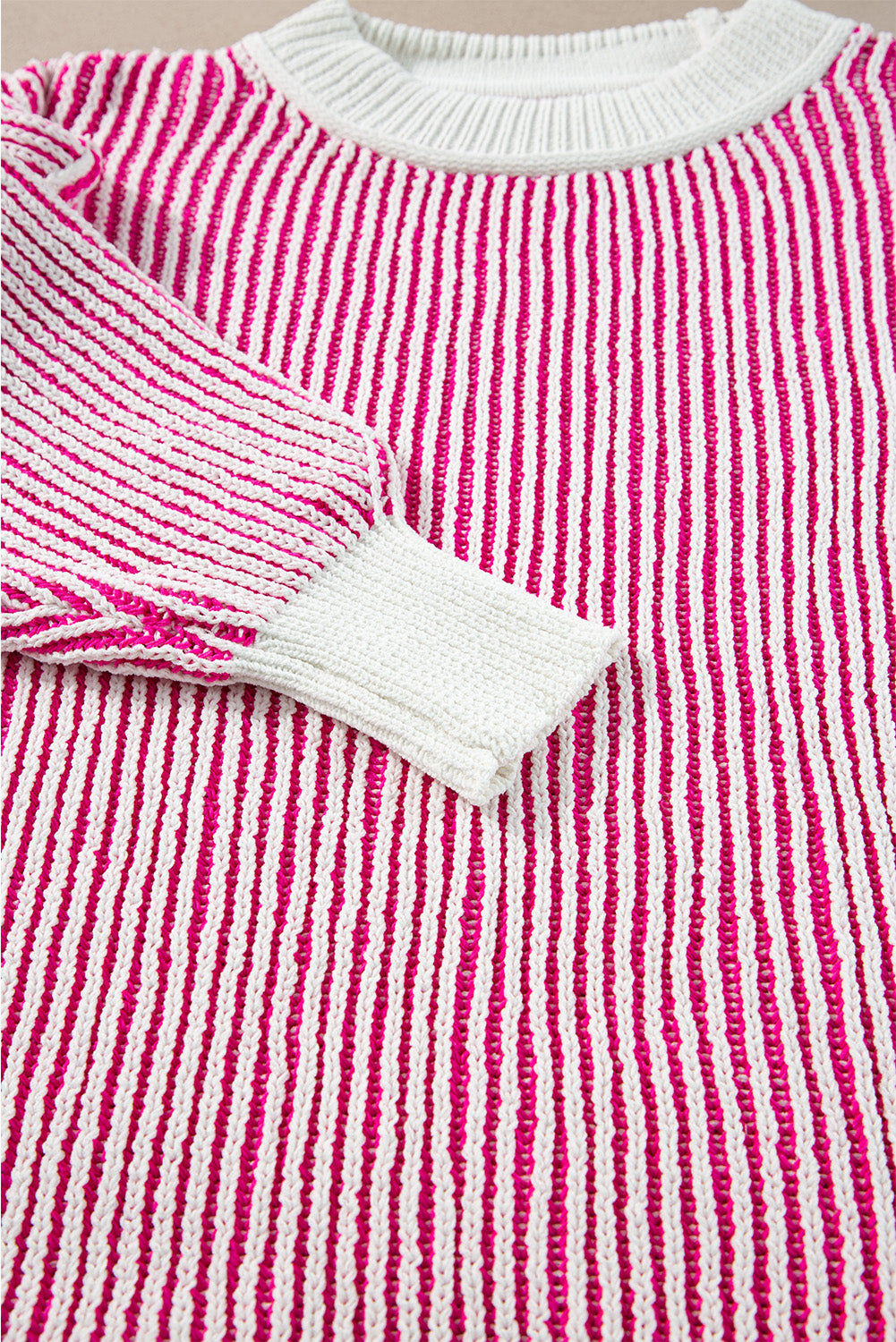 Blue Zone Planet | Bright Pink Striped Textured Knit Contrast Edge Loose Sweater-Sweaters & Cardigans/Sweaters-[Adult]-[Female]-2022 Online Blue Zone Planet