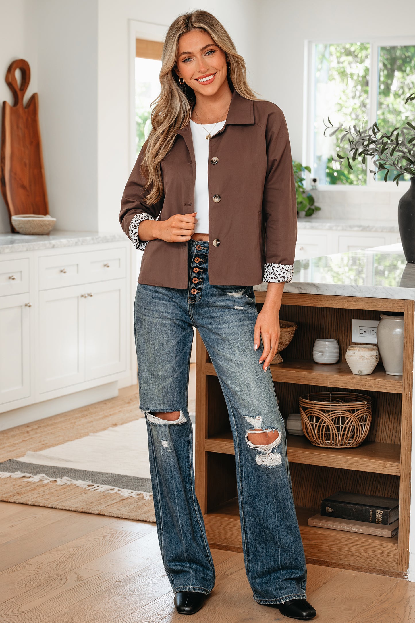 Dark Brown Collared Buttoned Leopard Liner Patchwork Chic Jacket-Outerwear/Jackets-[Adult]-[Female]-2022 Online Blue Zone Planet