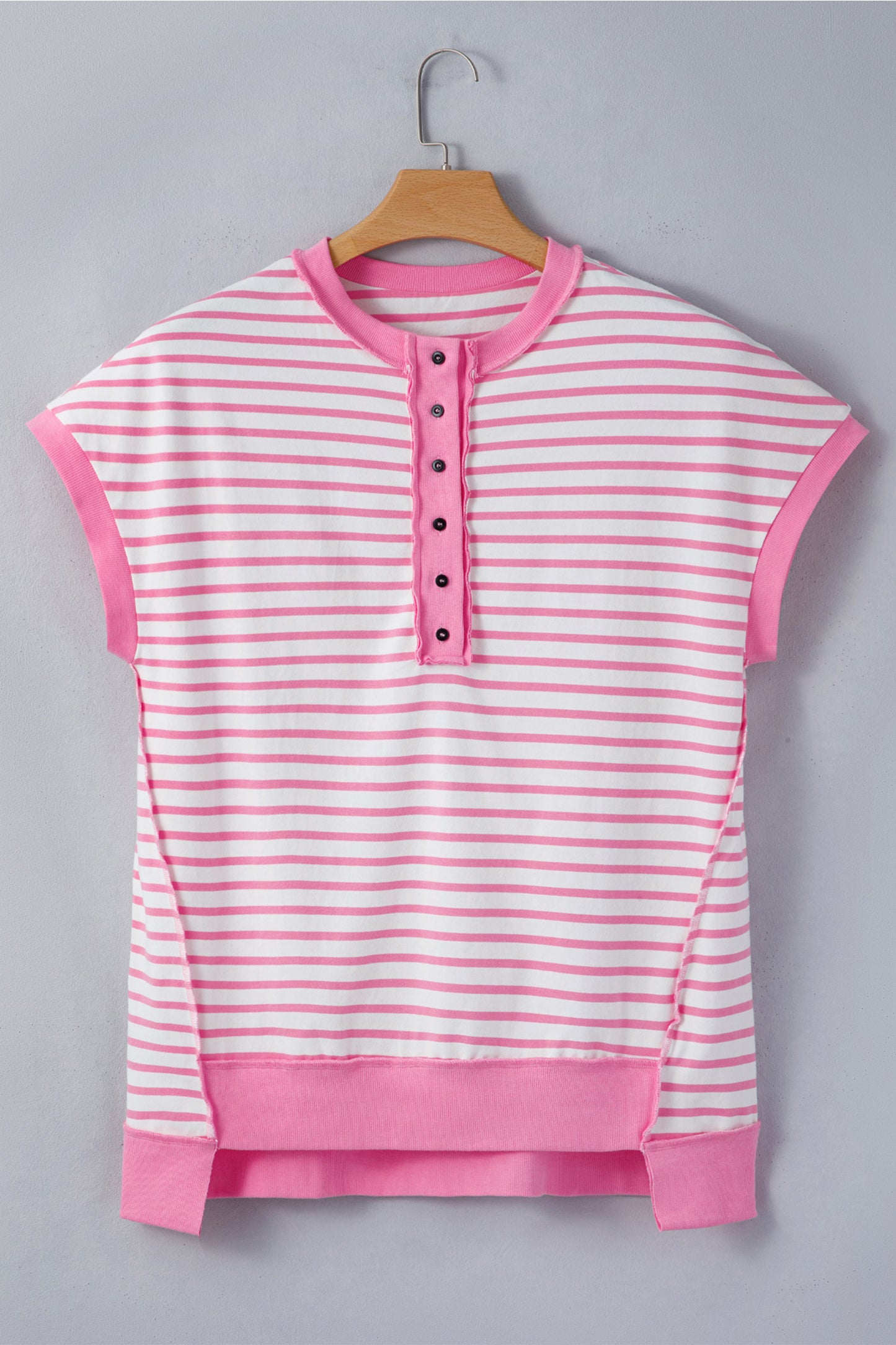 Pink Stripe Half Placket High Low Short Sleeve Top-Tops/Tops & Tees-[Adult]-[Female]-2022 Online Blue Zone Planet