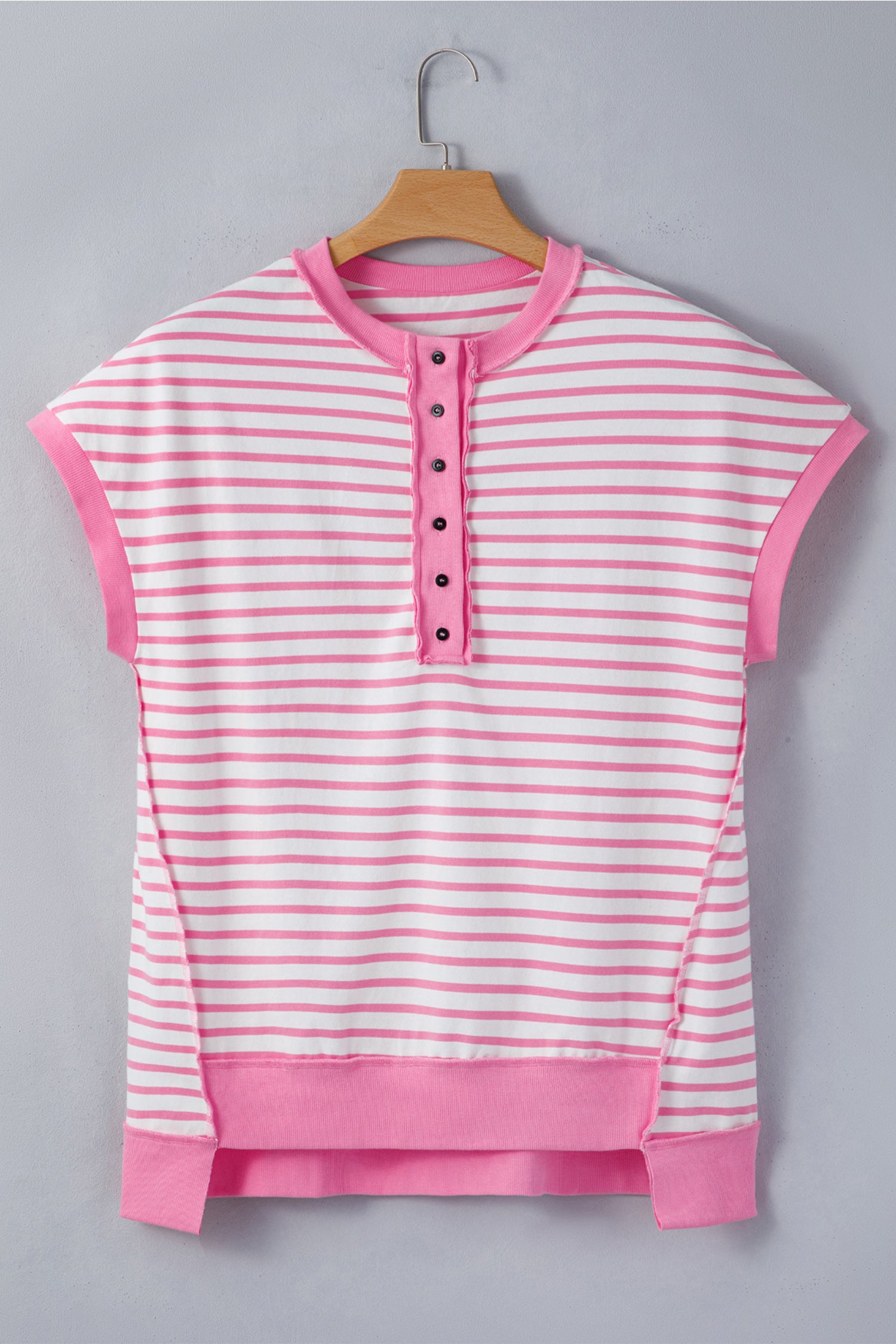 Pink Stripe Half Placket High Low Short Sleeve Top-Tops/Tops & Tees-[Adult]-[Female]-2022 Online Blue Zone Planet