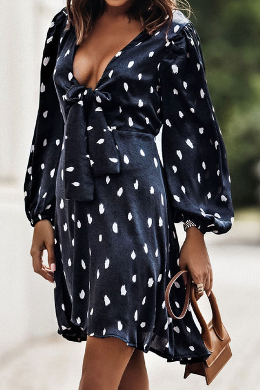 Blue Zone Planet |  Tied Printed V-Neck Balloon Sleeve Dress BLUE ZONE PLANET