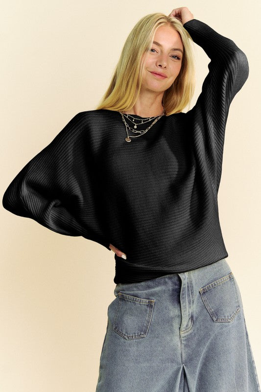 Davi & Dani Round Neck Batwing Sleeve Sweater-TOPS / DRESSES-[Adult]-[Female]-Black-S-2022 Online Blue Zone Planet