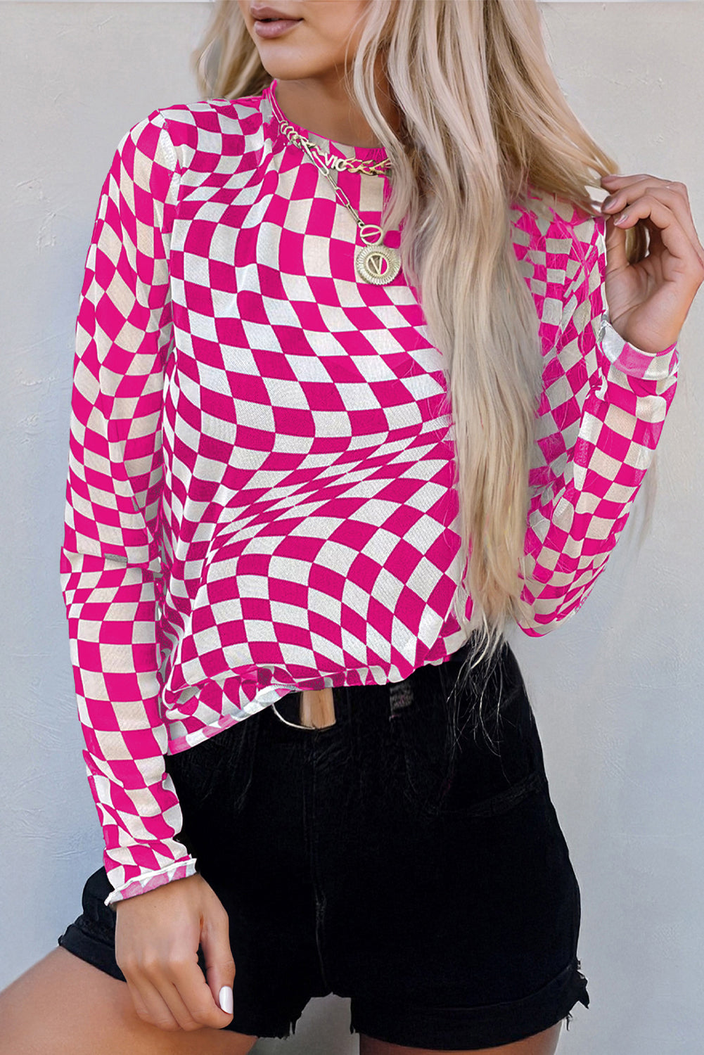 Blue Zone Planet | Rose Checkered Pattern Mesh Mock Neck Long Sleeve Top-Tops/Long Sleeve Tops-[Adult]-[Female]-2022 Online Blue Zone Planet