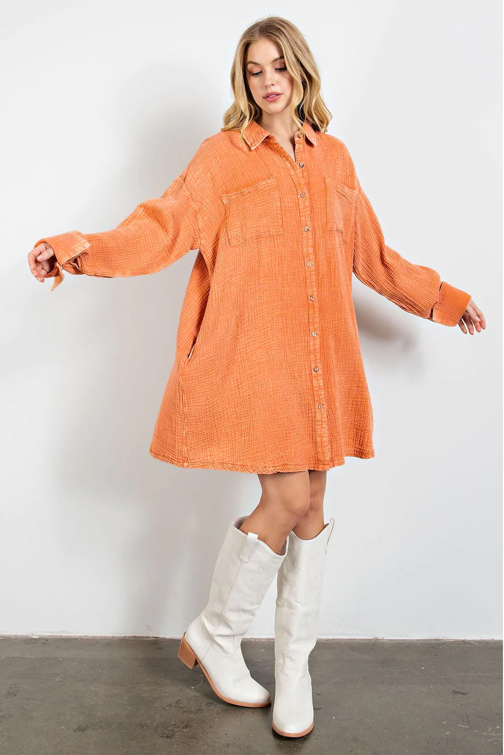 Orange Crinkled Dual Chest Pocket Oversized Shirt Dress-TOPS / DRESSES-[Adult]-[Female]-2022 Online Blue Zone Planet