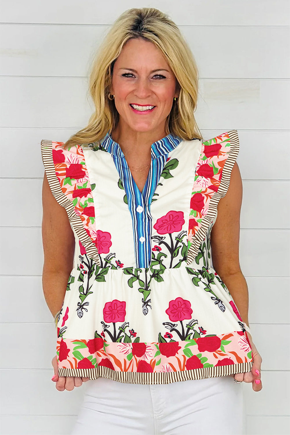 Pink Floral Print Tie Neck Striped Detail Flutter Sleeve Blouse-Tops/Blouses & Shirts-[Adult]-[Female]-2022 Online Blue Zone Planet