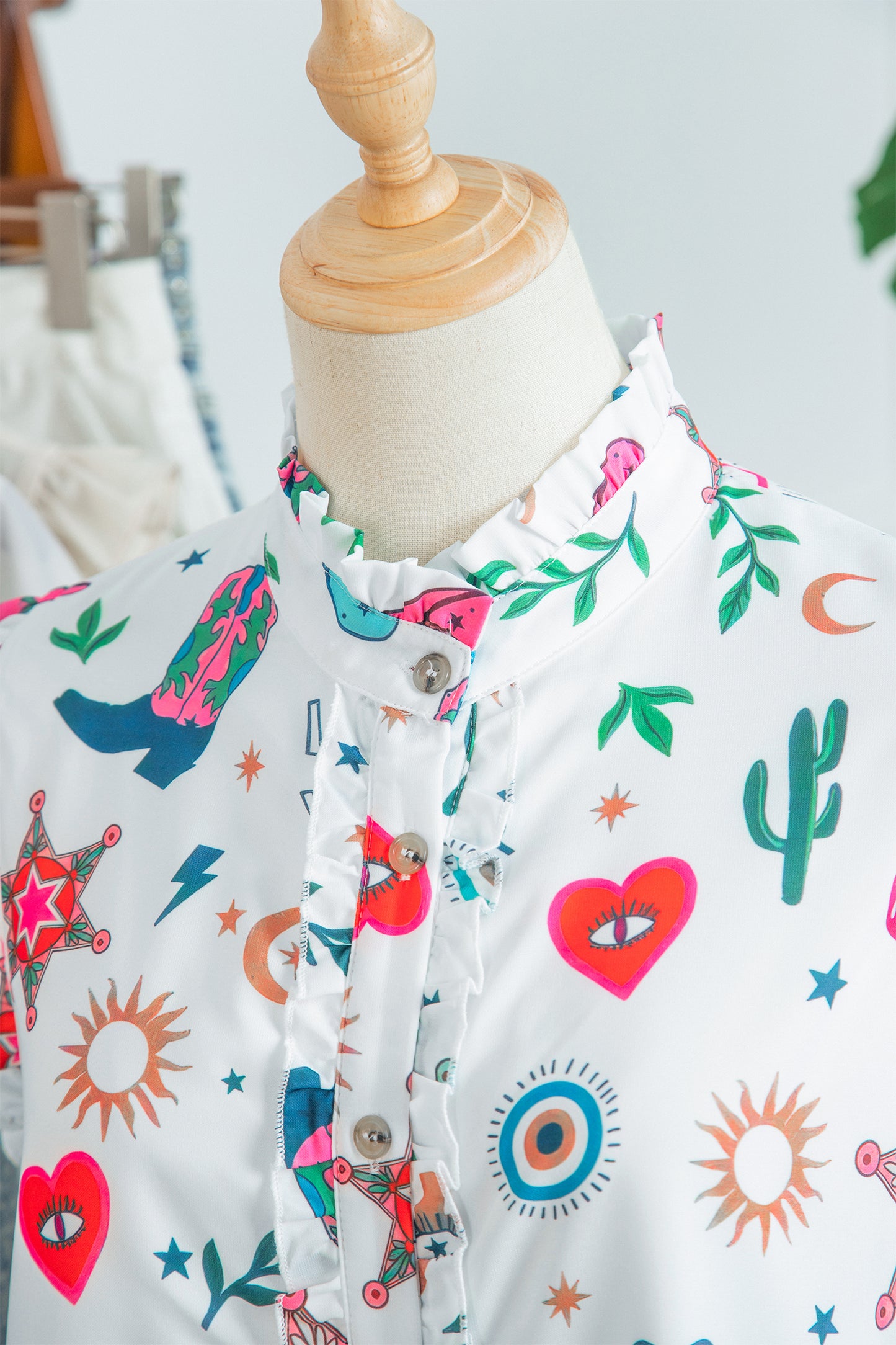 White Western Print Flutter Sleeve Button Down Mini Dress-TOPS / DRESSES-[Adult]-[Female]-2022 Online Blue Zone Planet
