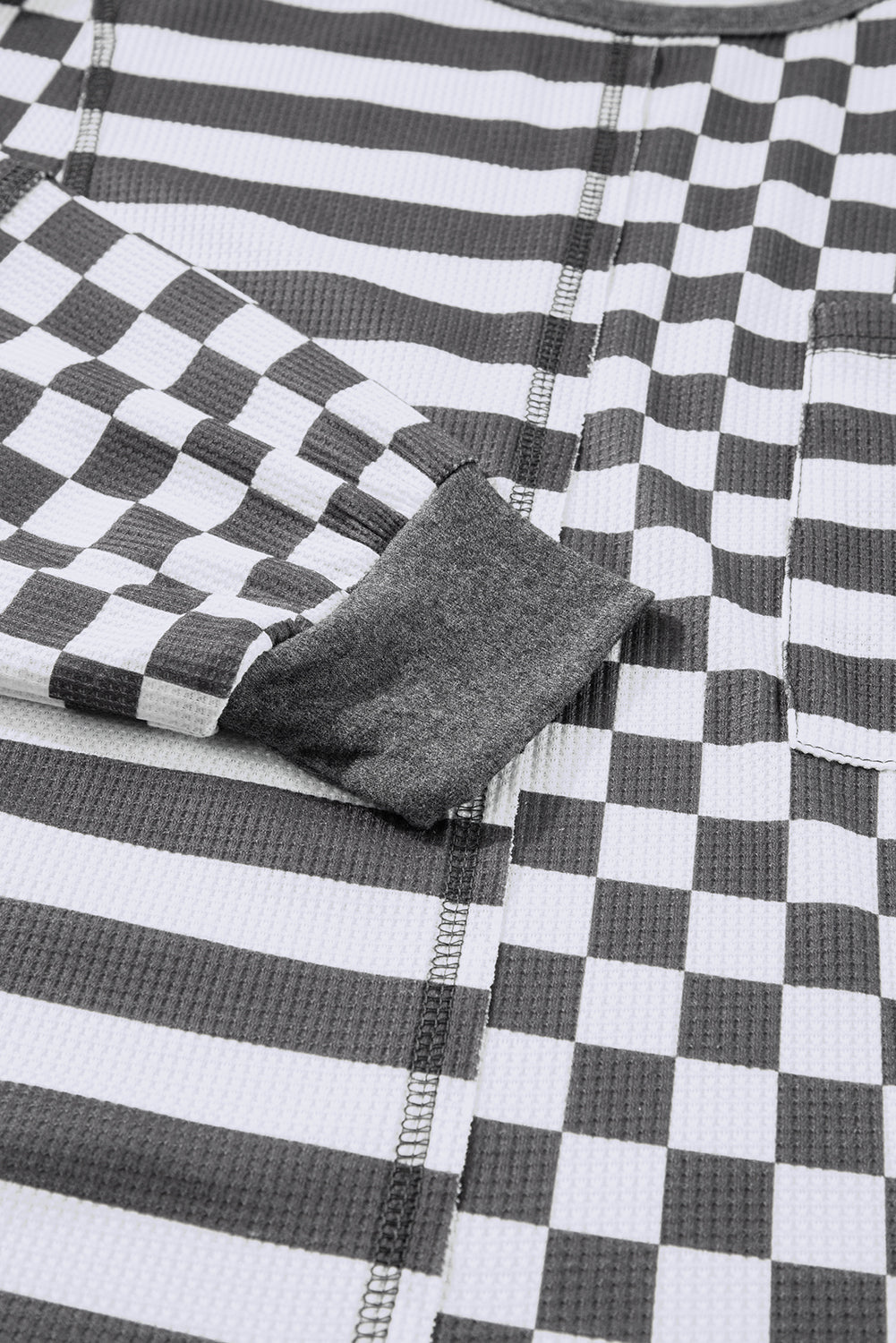 Dark Grey Checkerboard Striped Patchwork Lantern Sleeve Pocketed Blouse-Tops/Long Sleeve Tops-[Adult]-[Female]-2022 Online Blue Zone Planet