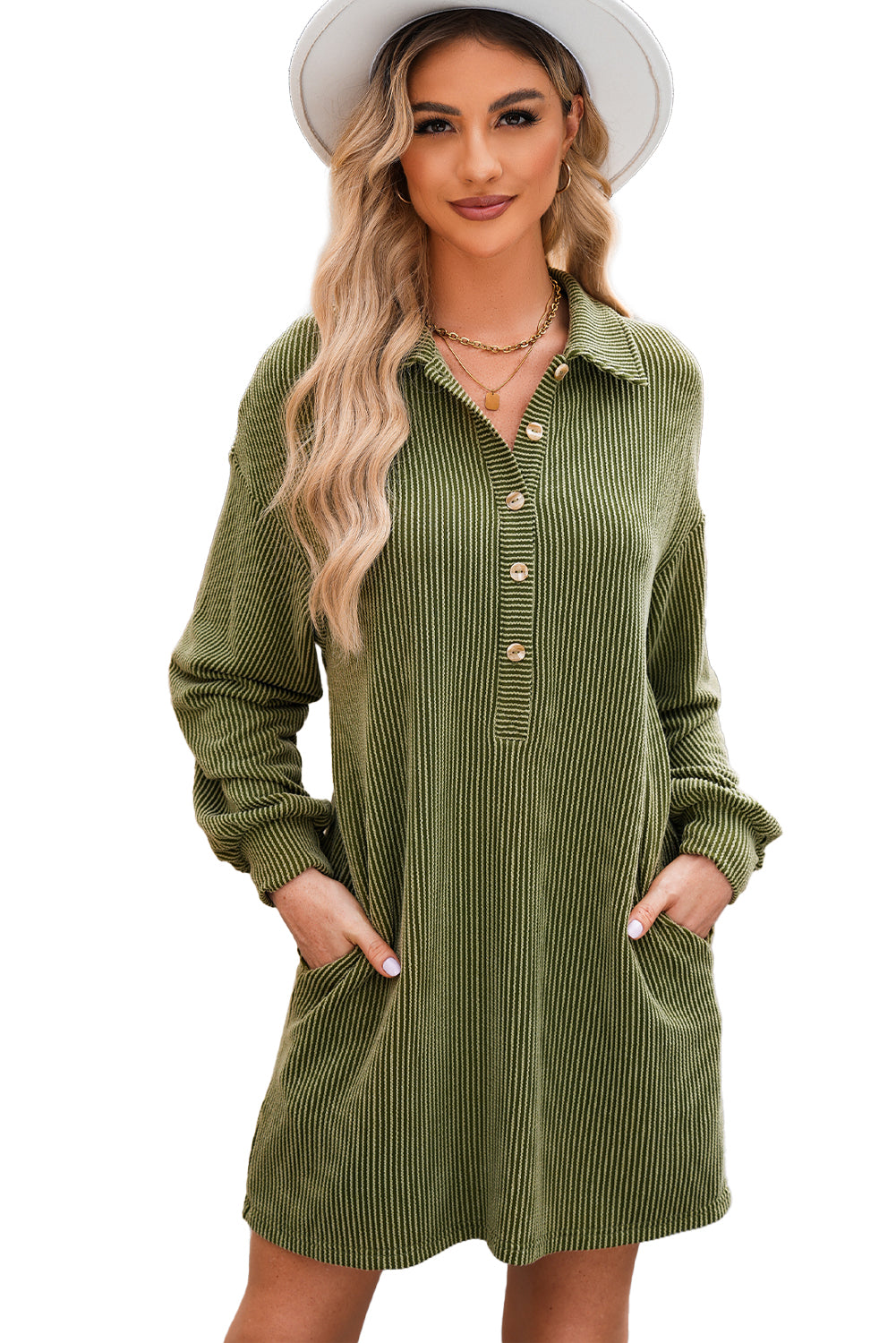 Moss Green Corded Buttons Placket Drop Shoulder Collared Shift Dress-Dresses/Mini Dresses-[Adult]-[Female]-2022 Online Blue Zone Planet