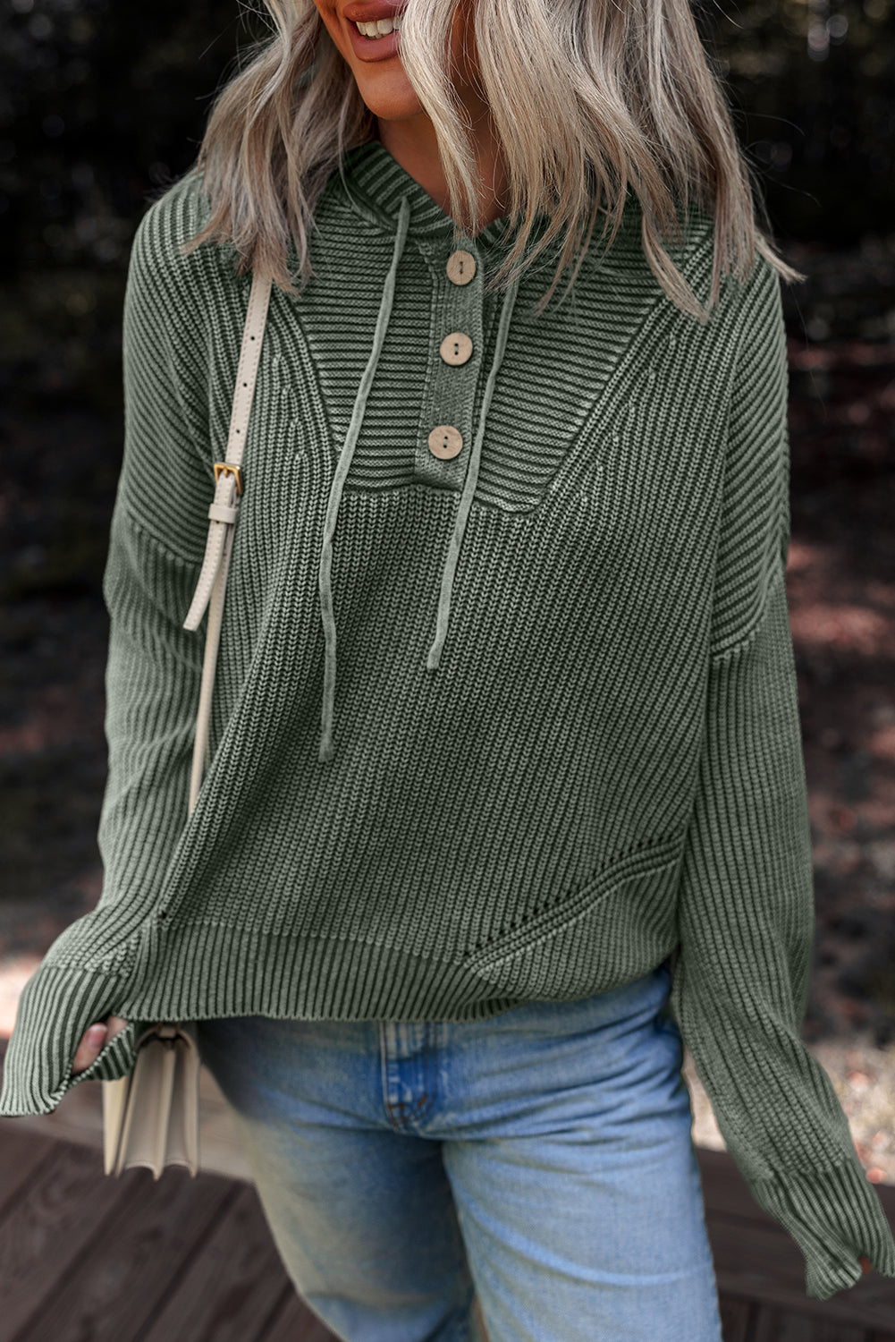 Mist Green Mineral Wash Ribbed Knit Button Drawstring Neck Hooded Sweater-Sweaters & Cardigans/Sweaters-[Adult]-[Female]-Mist Green-S-2022 Online Blue Zone Planet