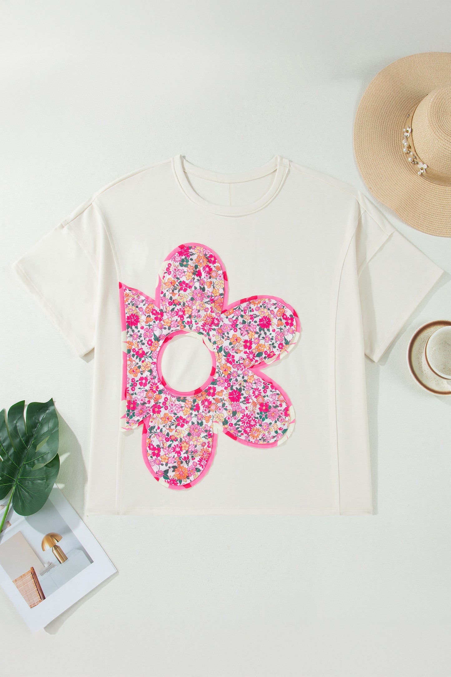 Jet Stream Big Flower Patched Plus Size Tunic T-Shirt-Plus Size/Plus Size Tops/Plus Size Tops & Tees-[Adult]-[Female]-2022 Online Blue Zone Planet