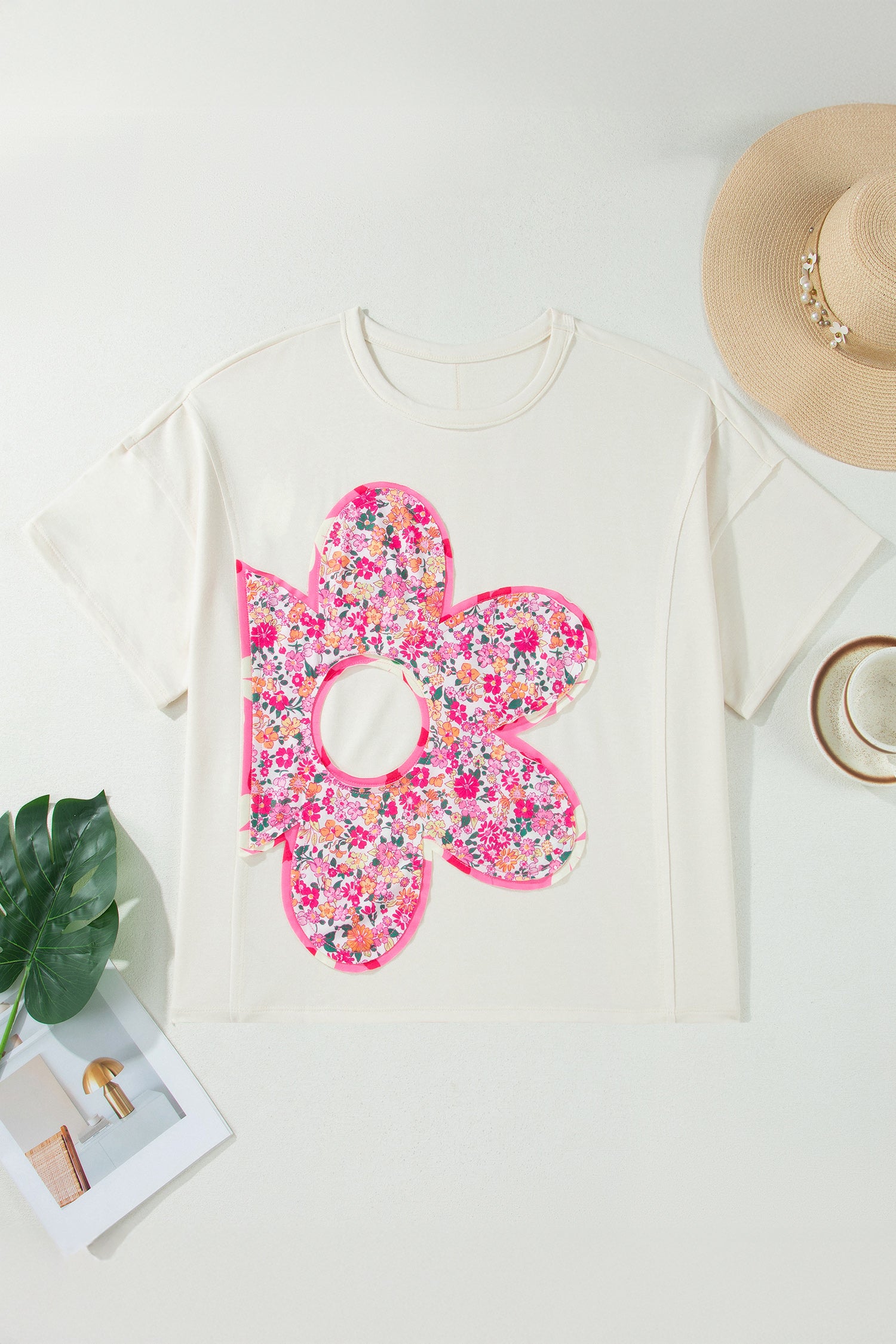 Jet Stream Big Flower Patched Plus Size Tunic T-Shirt-Plus Size/Plus Size Tops/Plus Size Tops & Tees-[Adult]-[Female]-2022 Online Blue Zone Planet