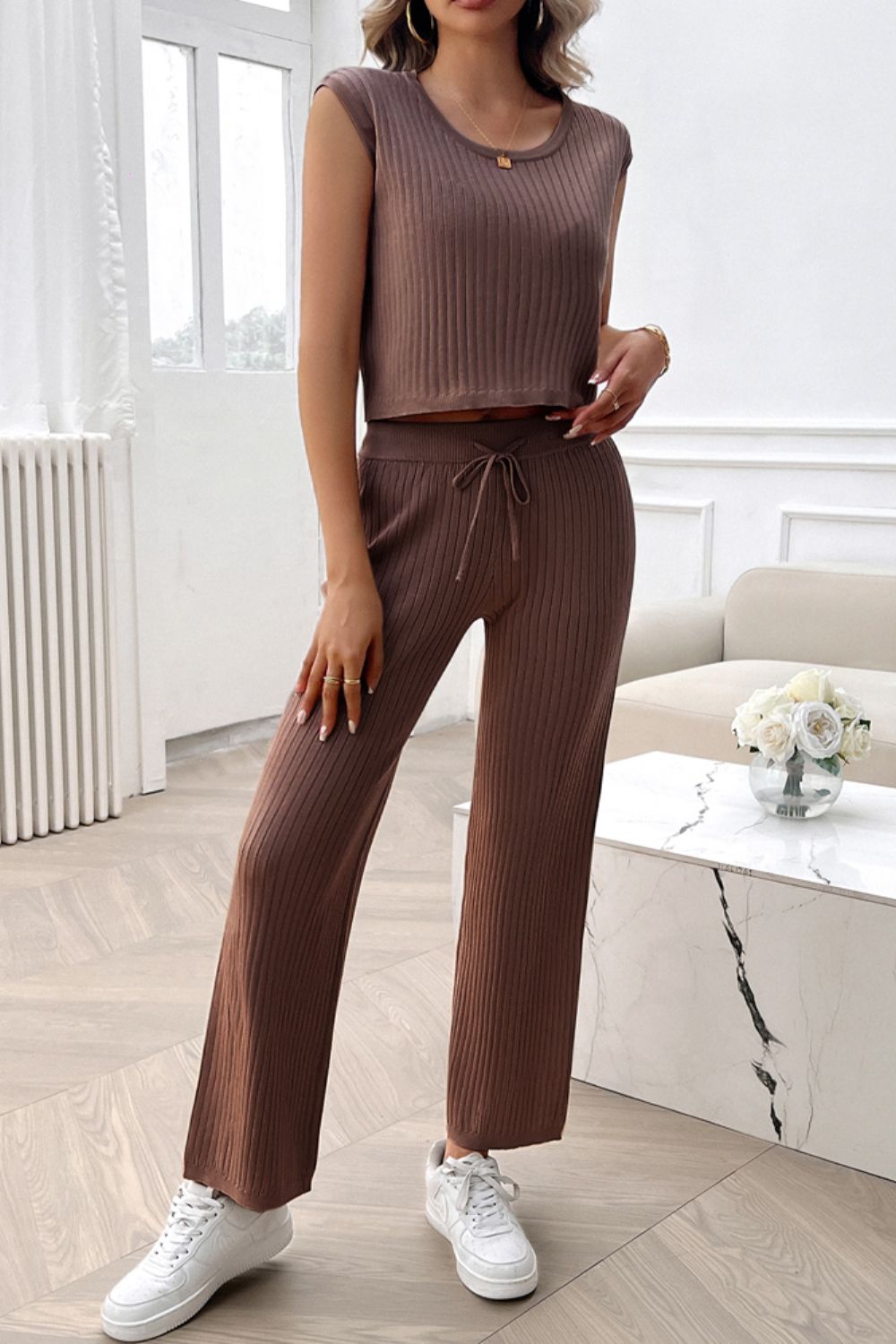 Devine Ribbed Round Neck Top and Pants Set-TOPS / DRESSES-[Adult]-[Female]-Brown-S-2022 Online Blue Zone Planet