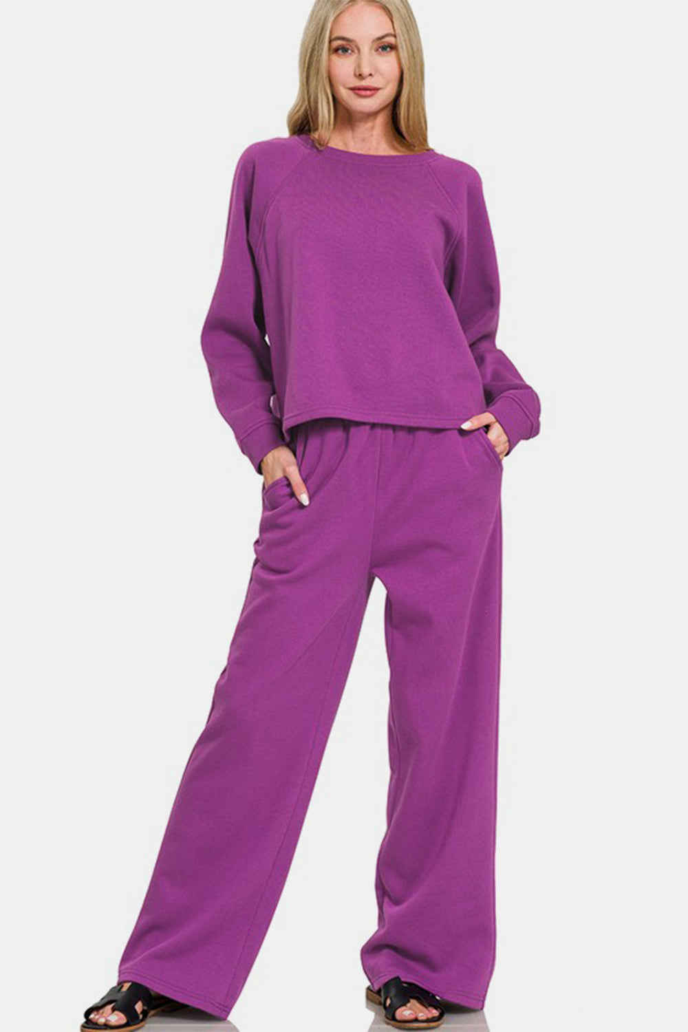 Zenana Round Neck Raglan Sleeve Top and Elastic Waist Pants Set-TOPS / DRESSES-[Adult]-[Female]-Deep Purple-S-2022 Online Blue Zone Planet