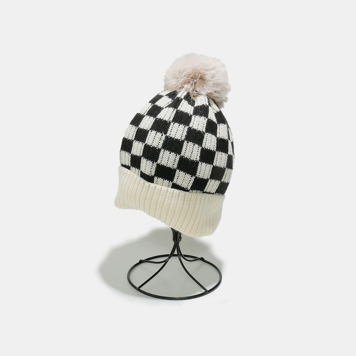 Checkered Knit Hat with Pompom-HATS-[Adult]-[Female]-Ivory-One Size-2022 Online Blue Zone Planet