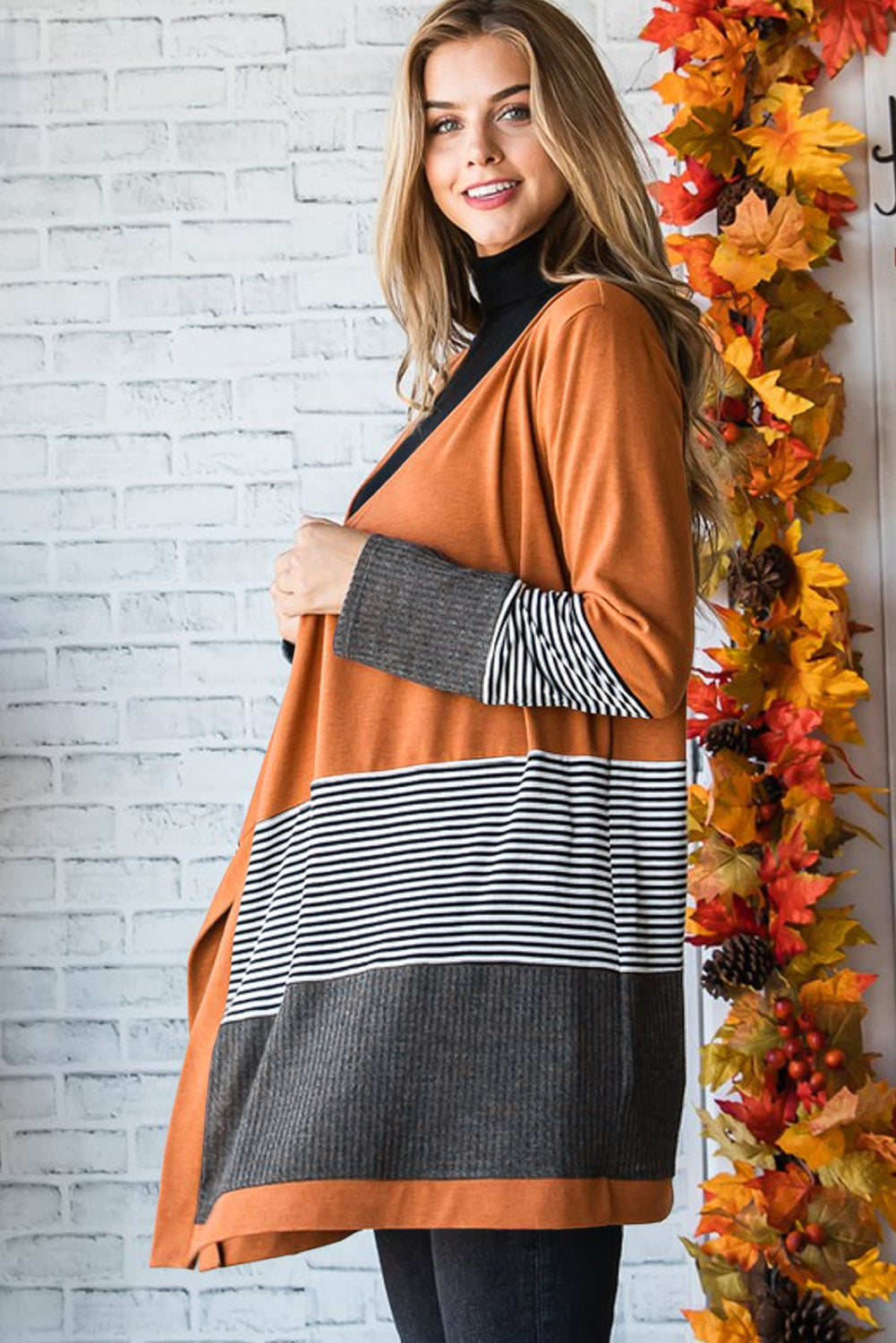 Blue Zone Planet | Orange Colorblock Striped Patchwork Open Cardigan-Sweaters & Cardigans/Cardigans-[Adult]-[Female]-2022 Online Blue Zone Planet